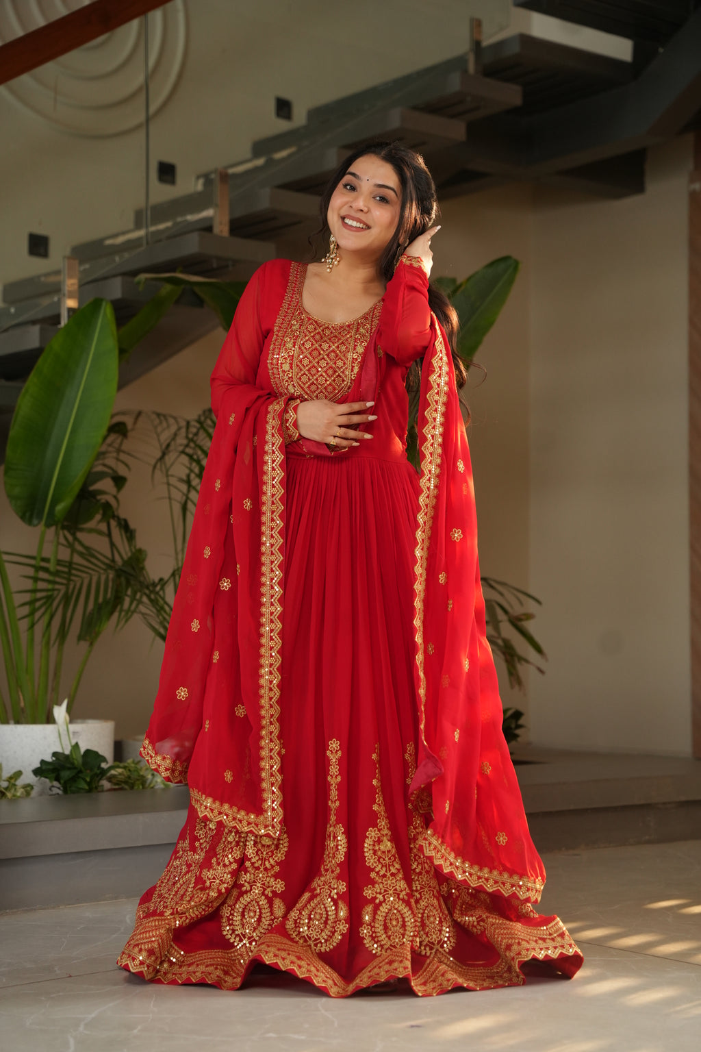 Red Anarkali Gown With Dupatta For Wedding