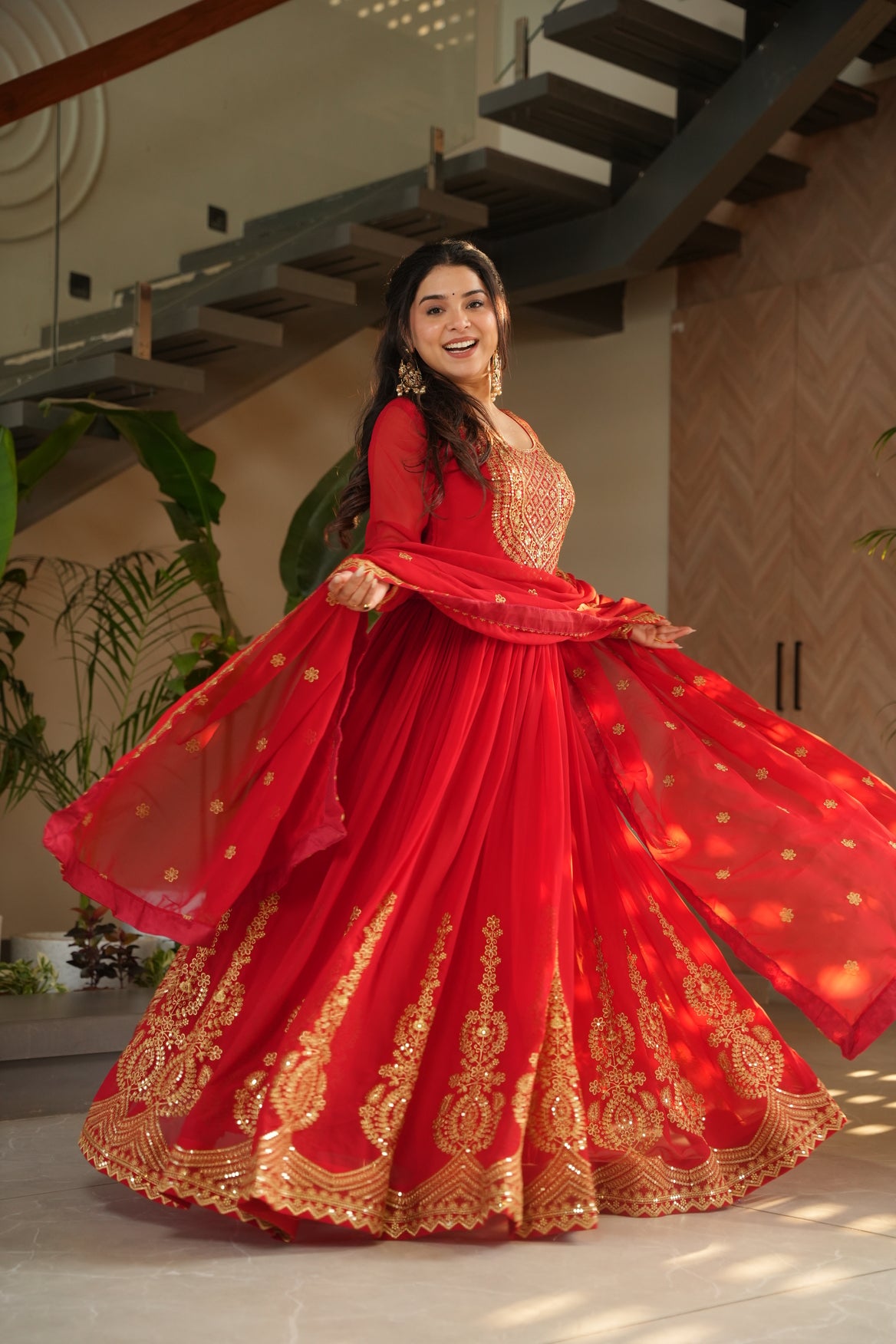 Red Anarkali Gown With Dupatta For Wedding