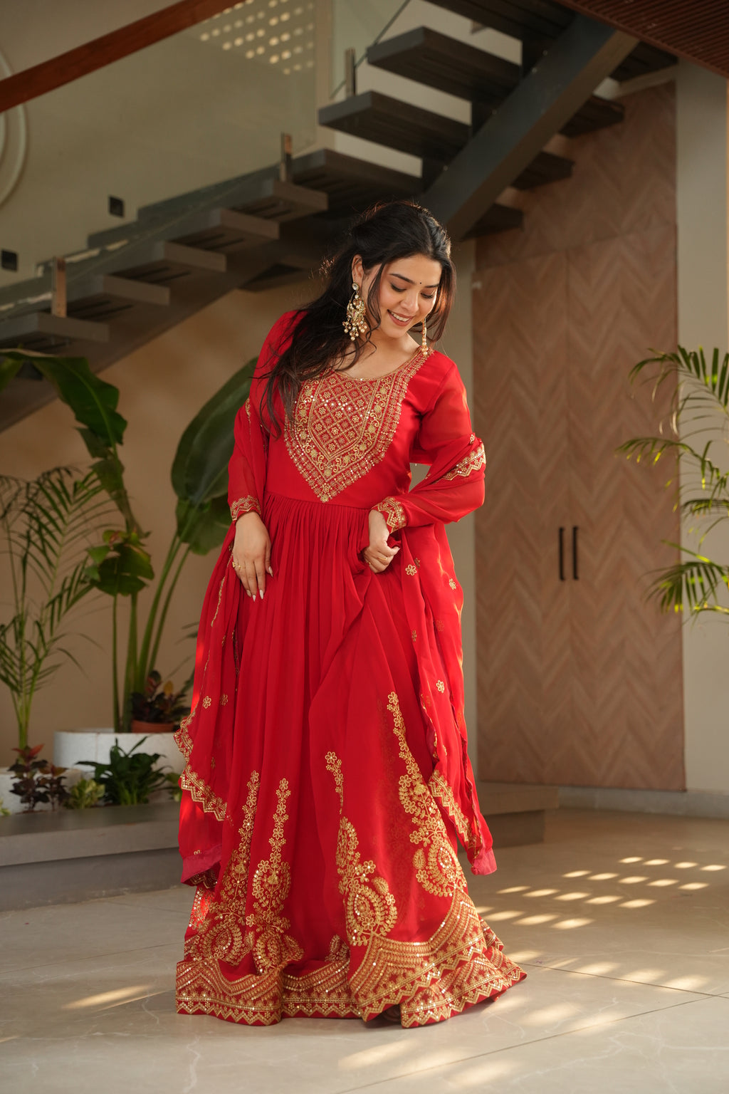 Red Anarkali Gown With Dupatta For Wedding