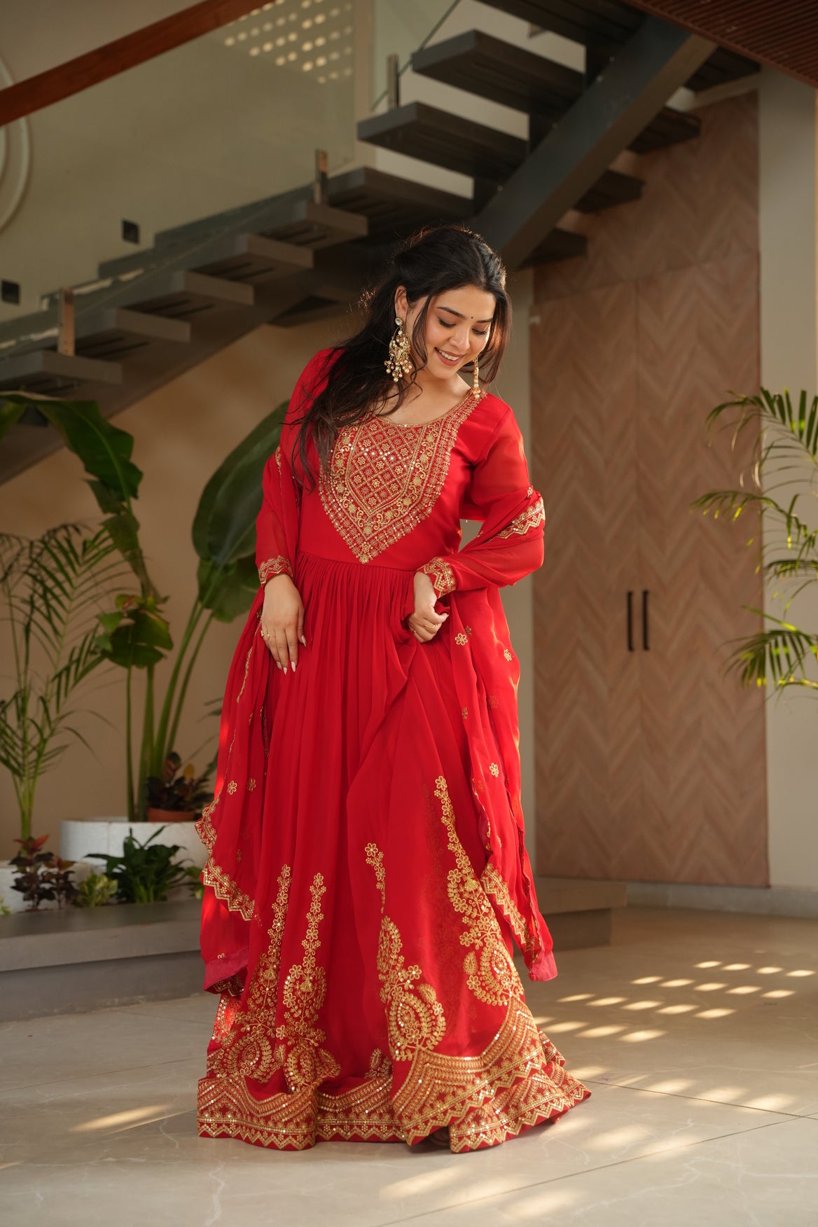 Red Anarkali Gown With Dupatta For Wedding