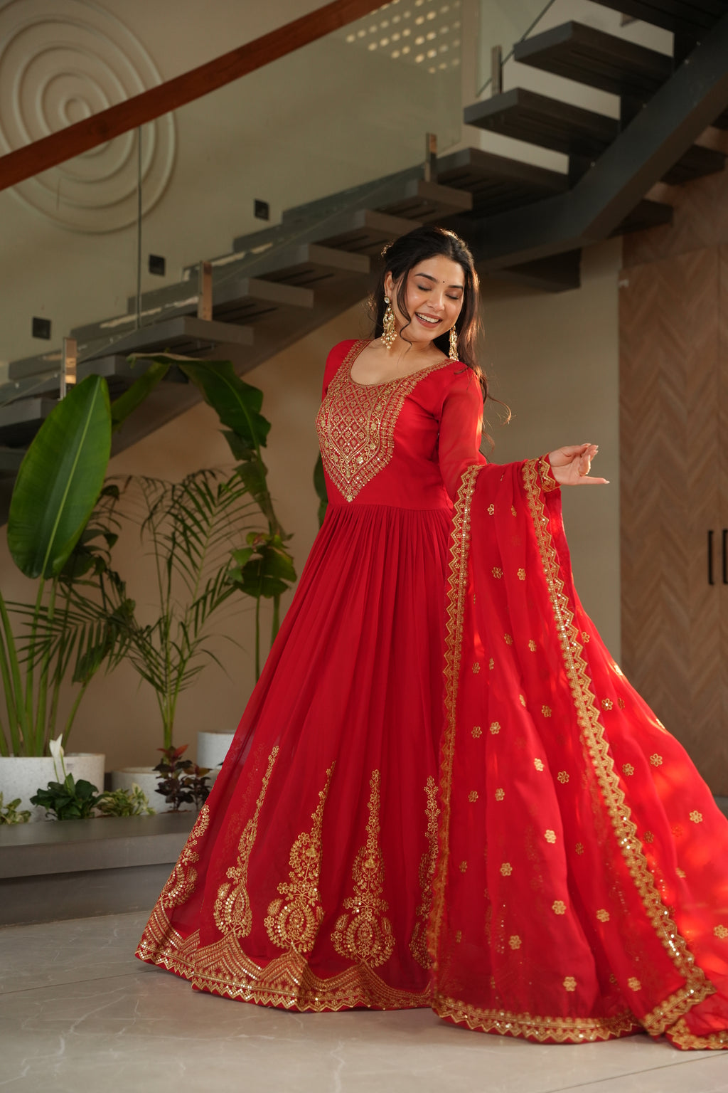 Red Anarkali Gown With Dupatta For Wedding
