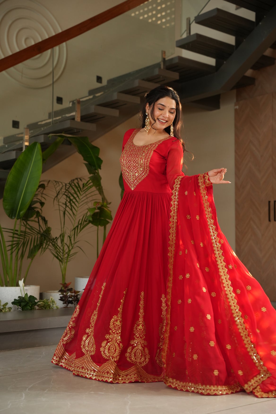 Red Anarkali Gown With Dupatta For Wedding