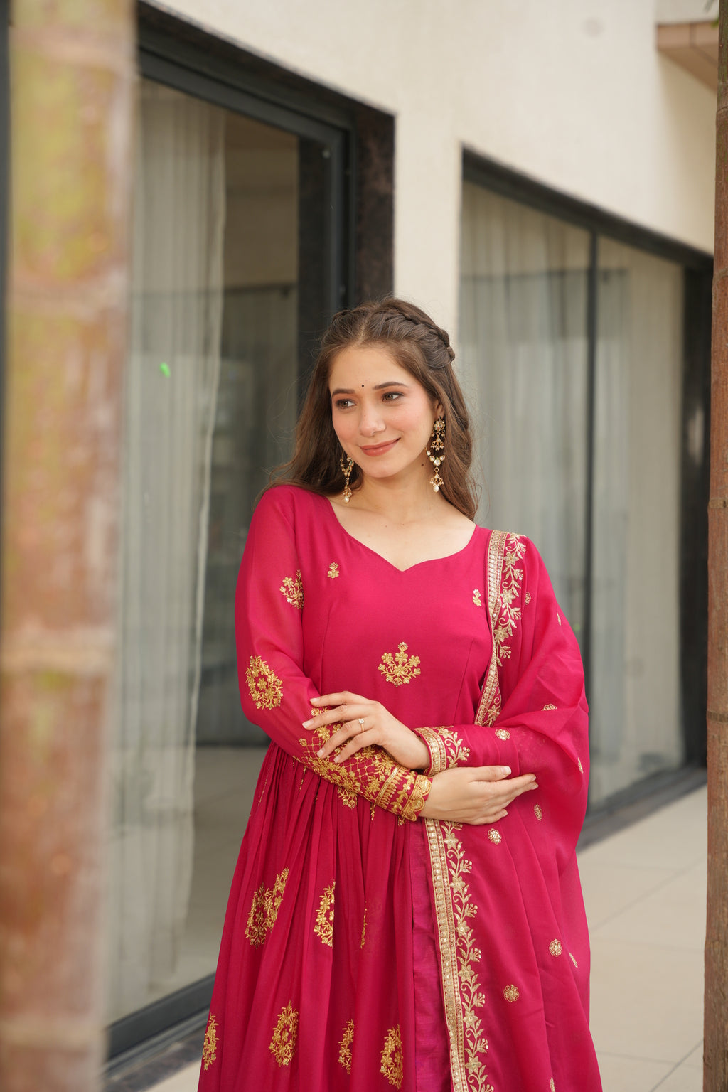 Red Georgette Gown With Dupatta For Wedding