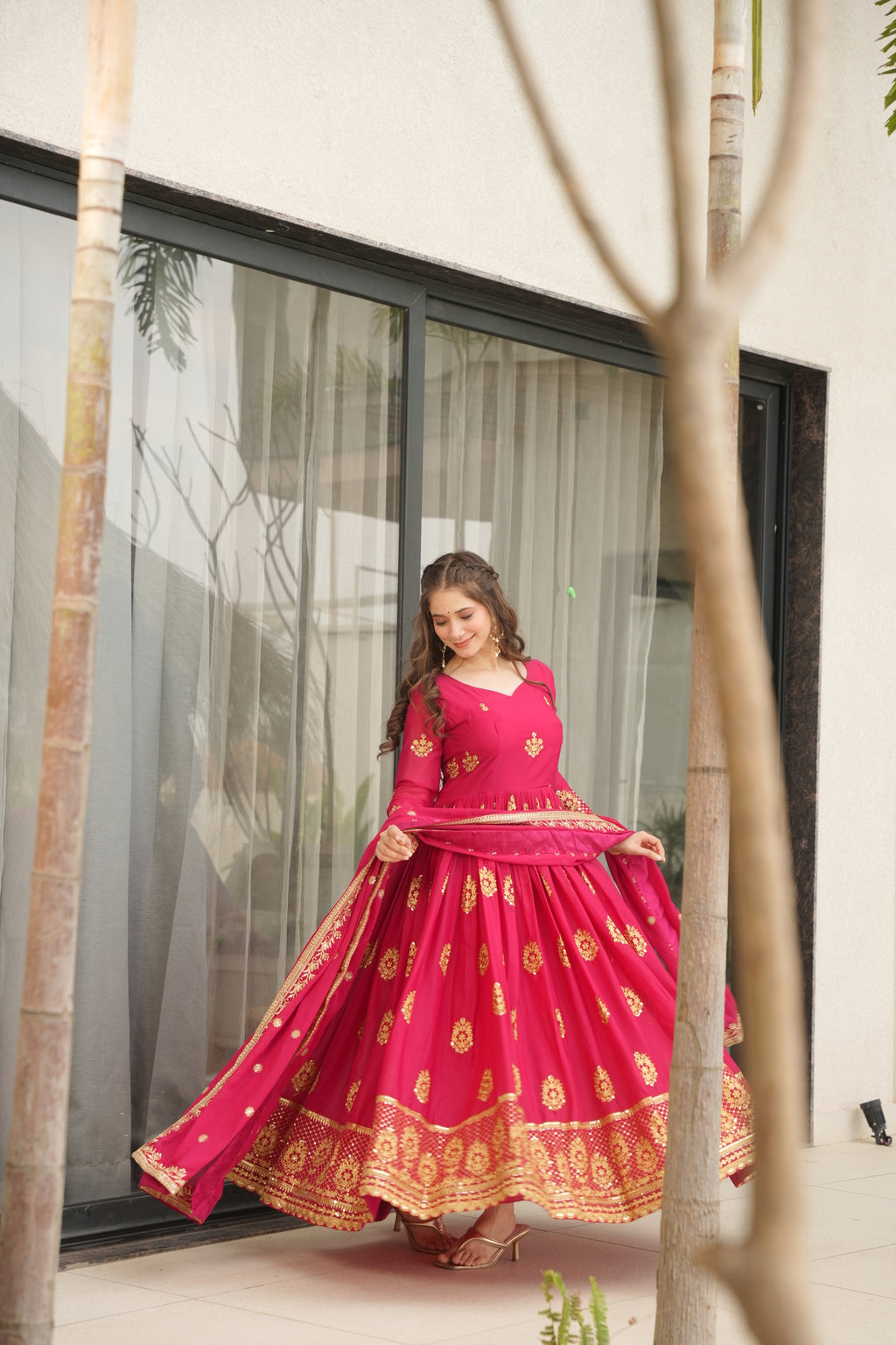 Red Georgette Gown With Dupatta For Wedding