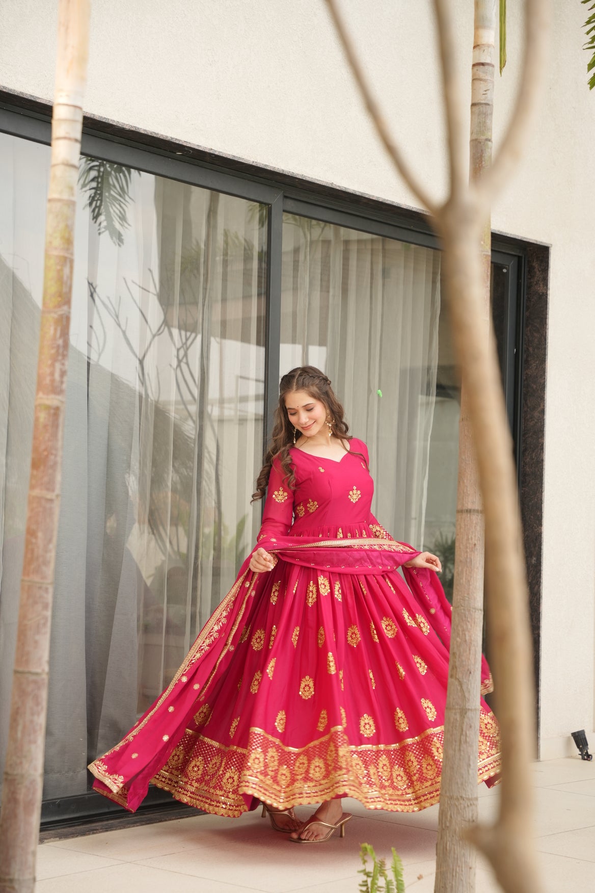 Red Georgette Gown With Dupatta For Wedding