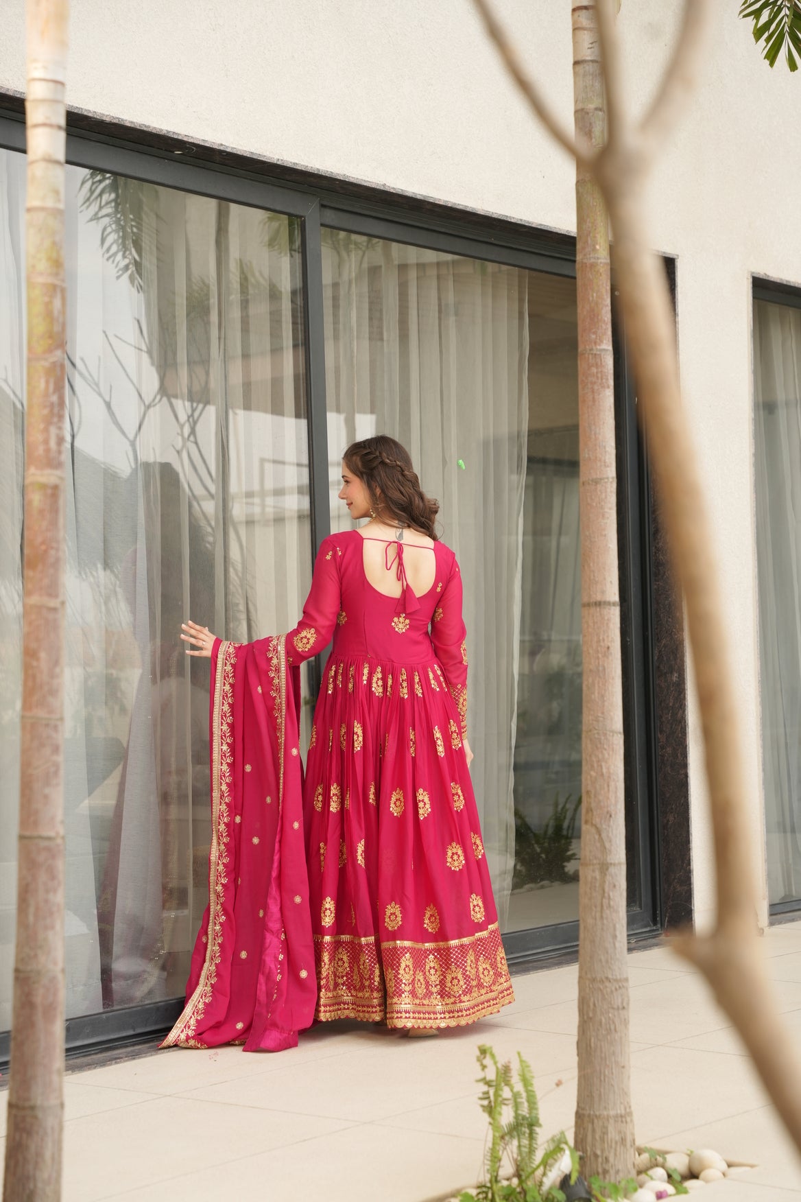 Red Georgette Gown With Dupatta For Wedding