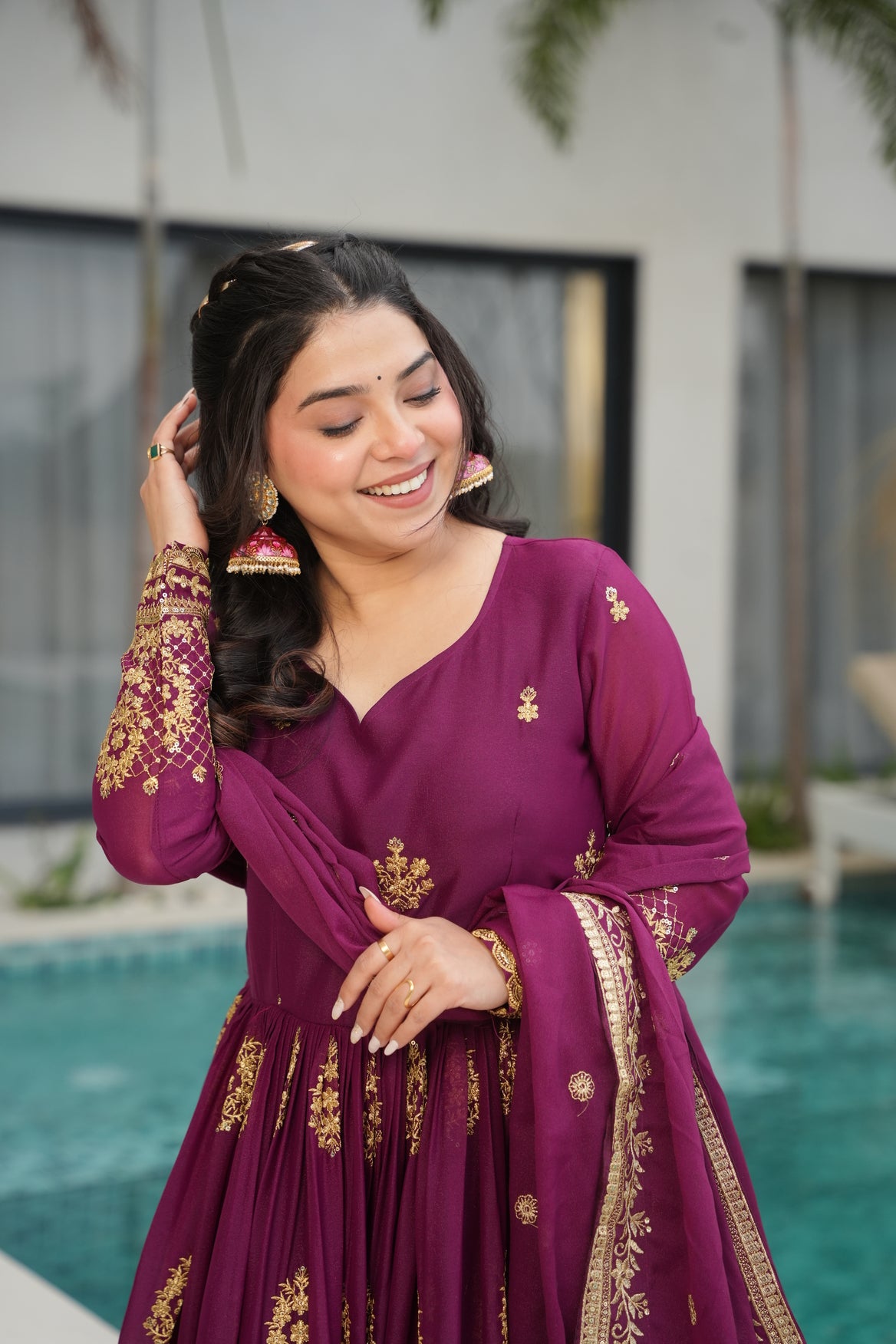 Wine Georgette Gown With Dupatta For Wedding