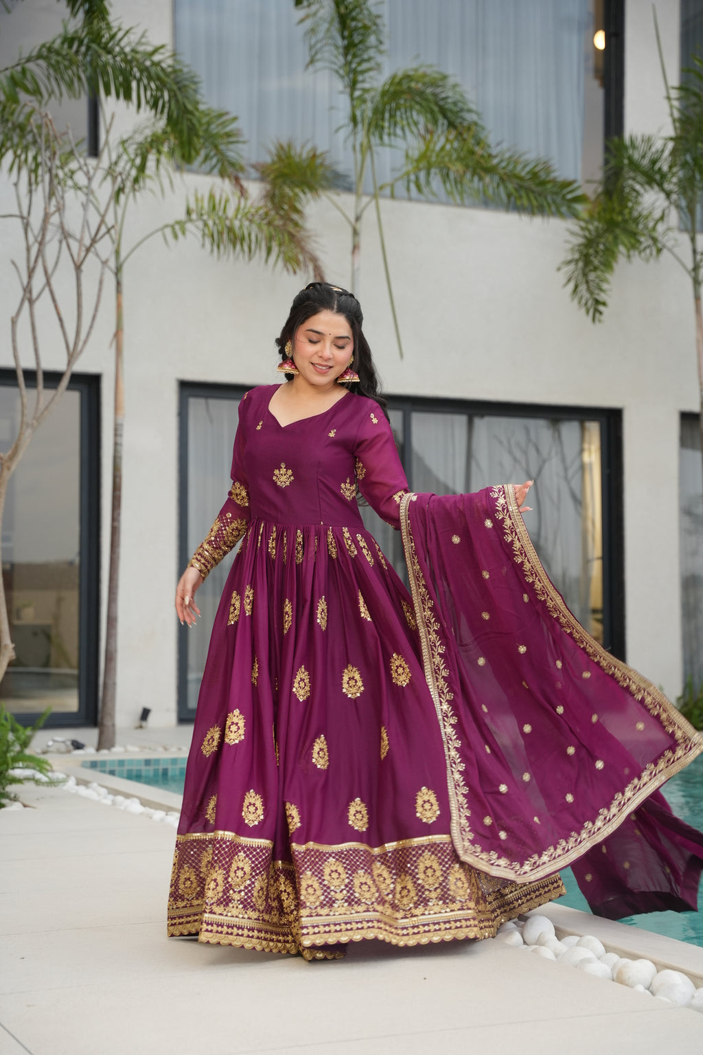 Wine Georgette Gown With Dupatta For Wedding