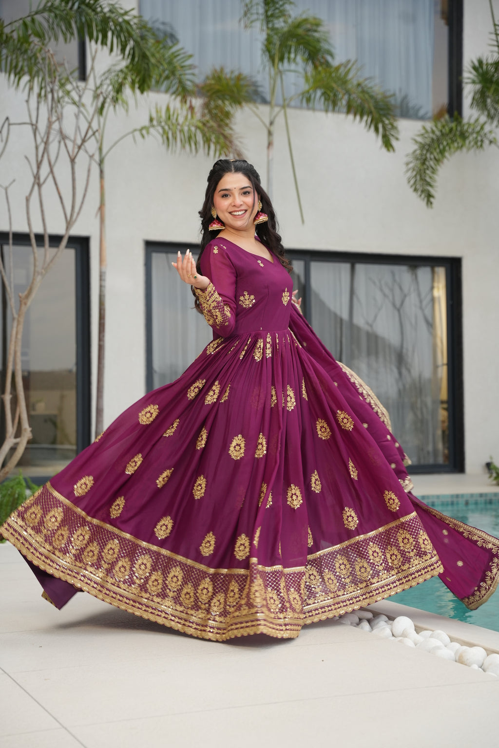 Wine Georgette Gown With Dupatta For Wedding