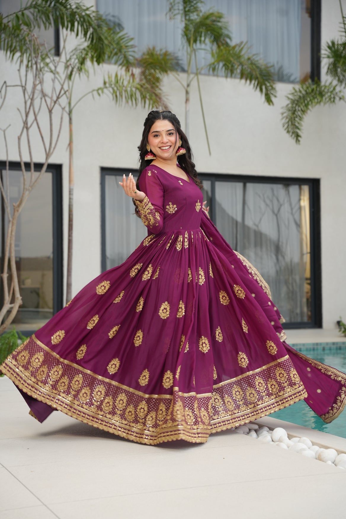 Wine Georgette Gown With Dupatta For Wedding