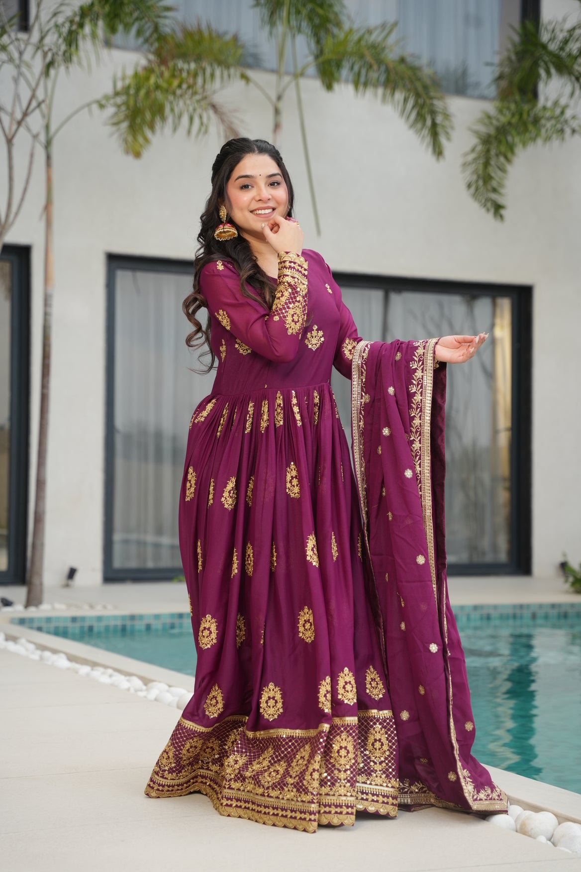 Wine Georgette Gown With Dupatta For Wedding