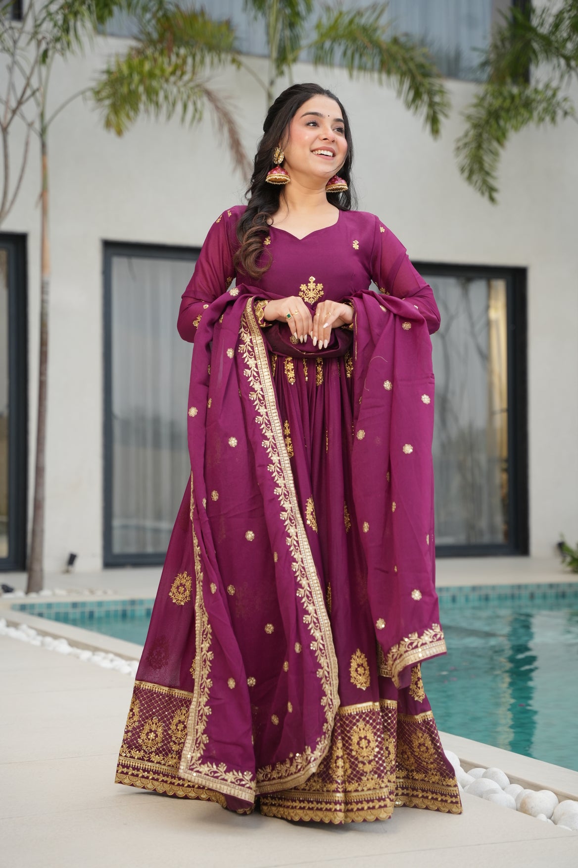 Wine Georgette Gown With Dupatta For Wedding