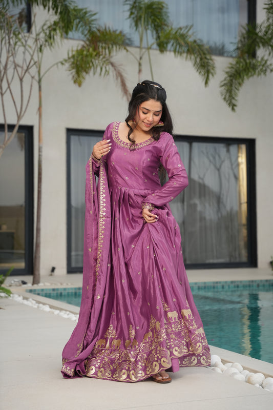 Hot Pink Silk Ethnic Gown With Dupatta
