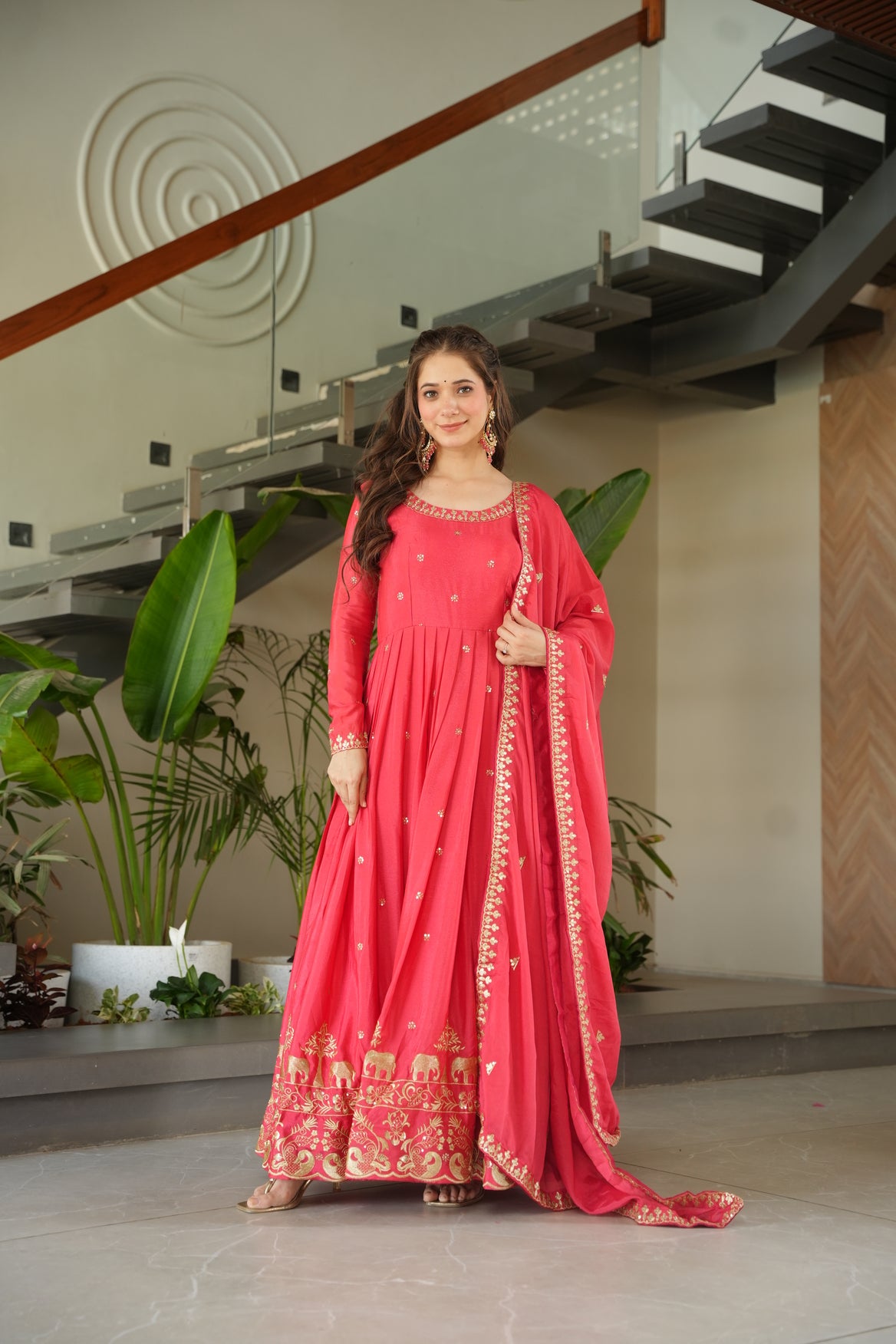 Red Silk Ethnic Maxi Gown With Dupatta