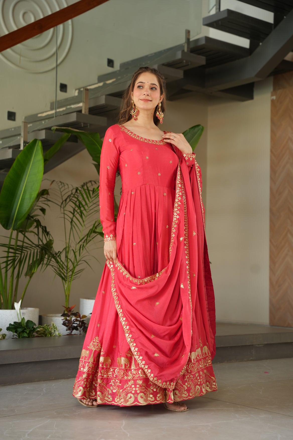 Red Silk Ethnic Maxi Gown With Dupatta