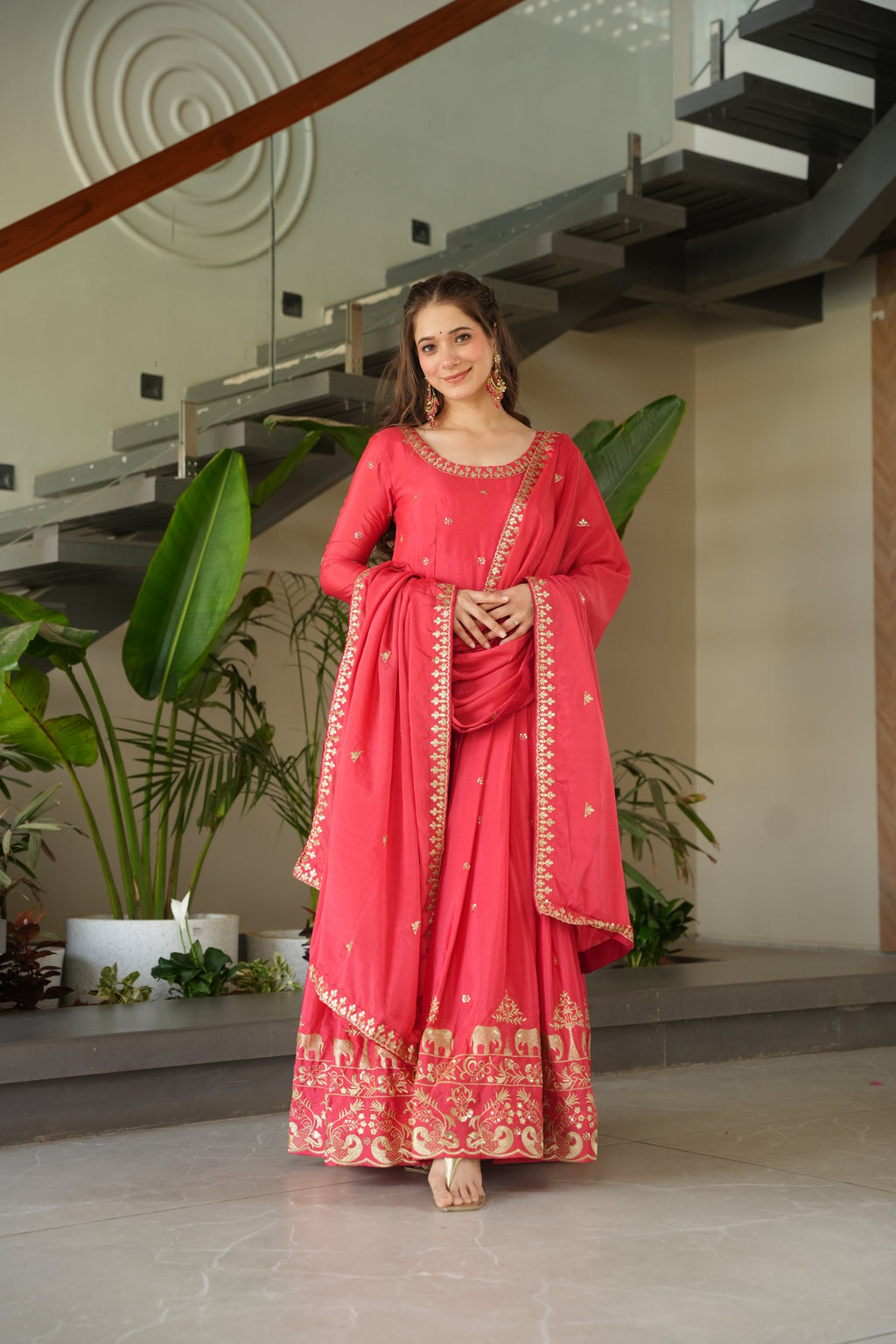 Red Silk Ethnic Maxi Gown With Dupatta