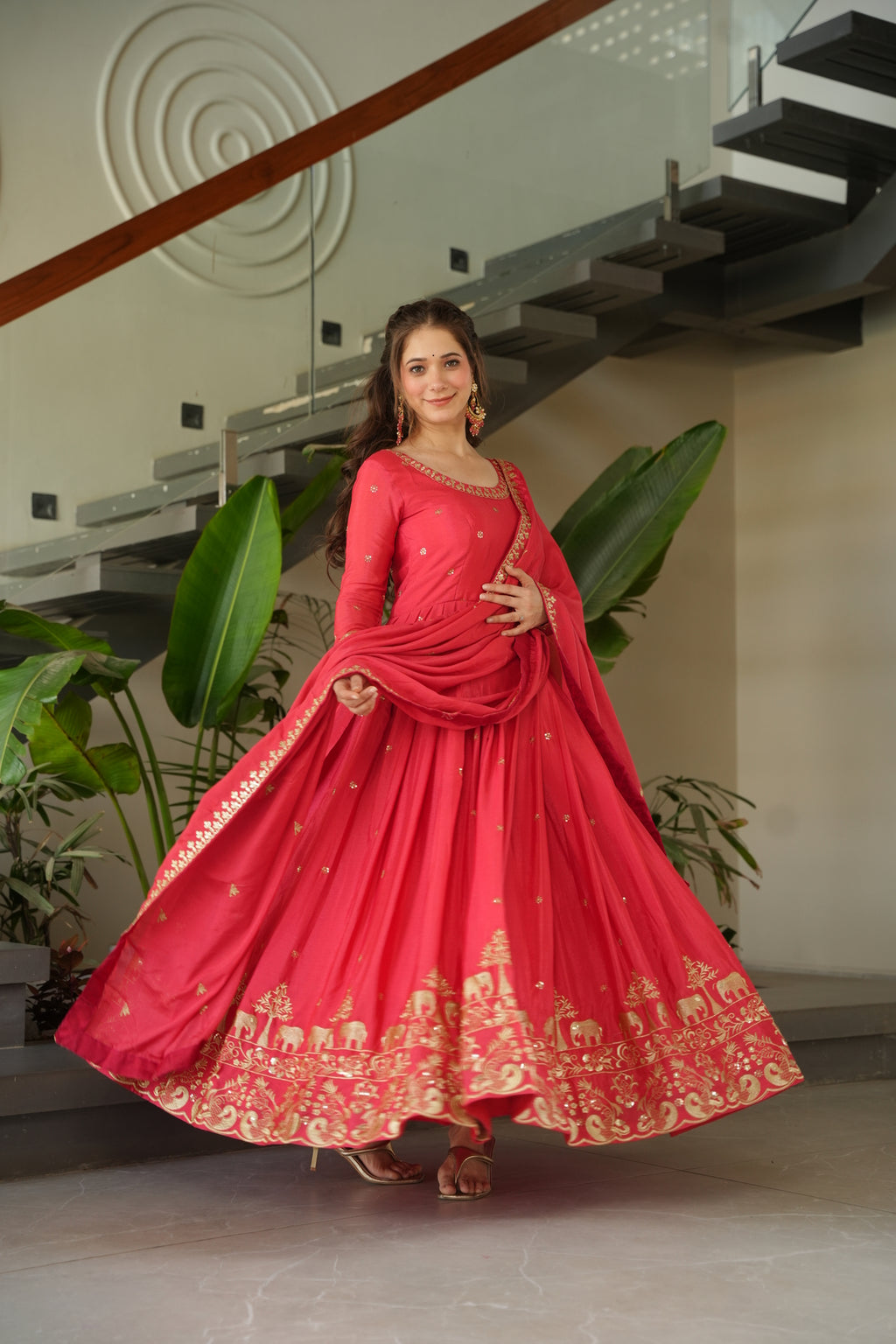 Red Silk Ethnic Maxi Gown With Dupatta