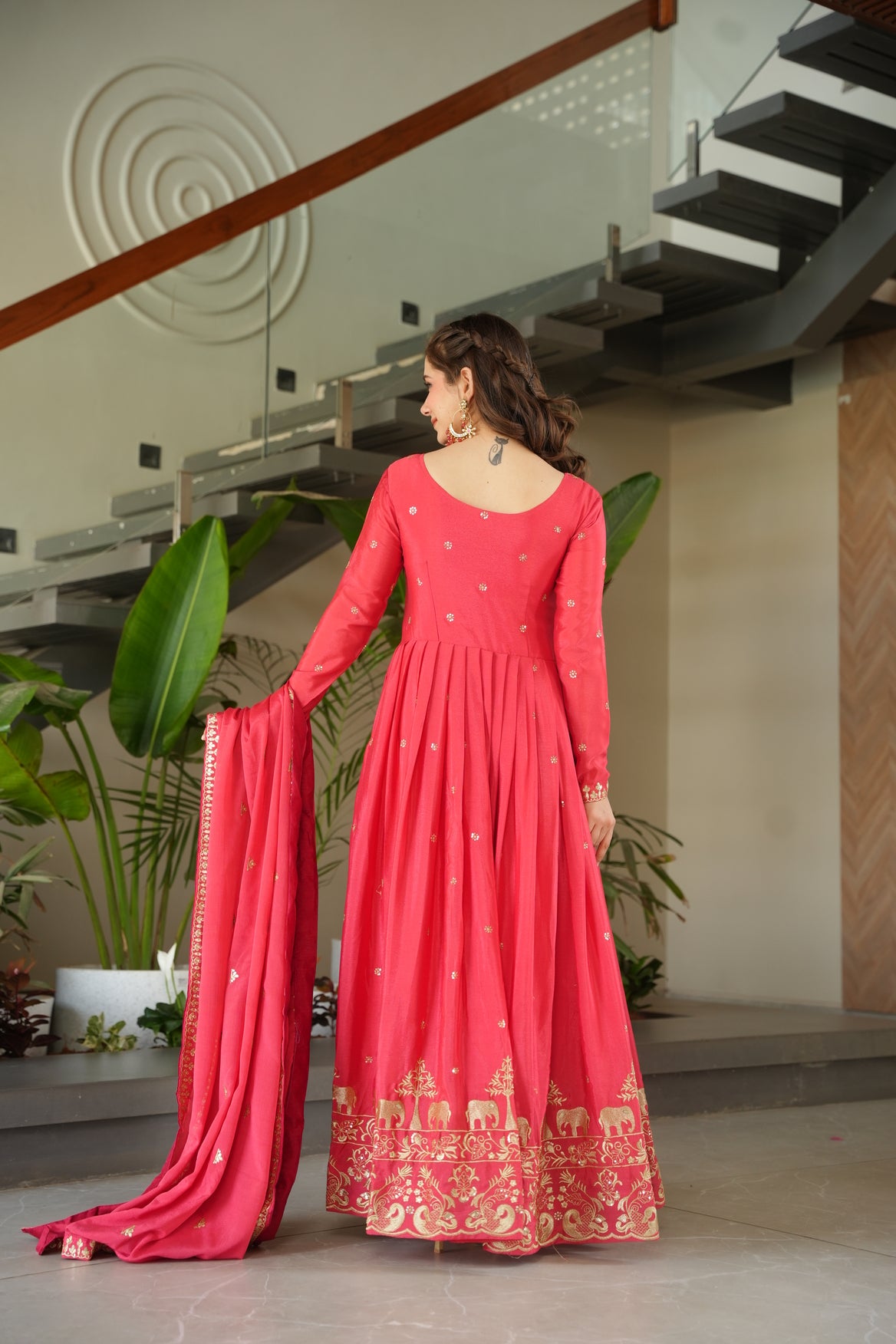 Red Silk Ethnic Maxi Gown With Dupatta