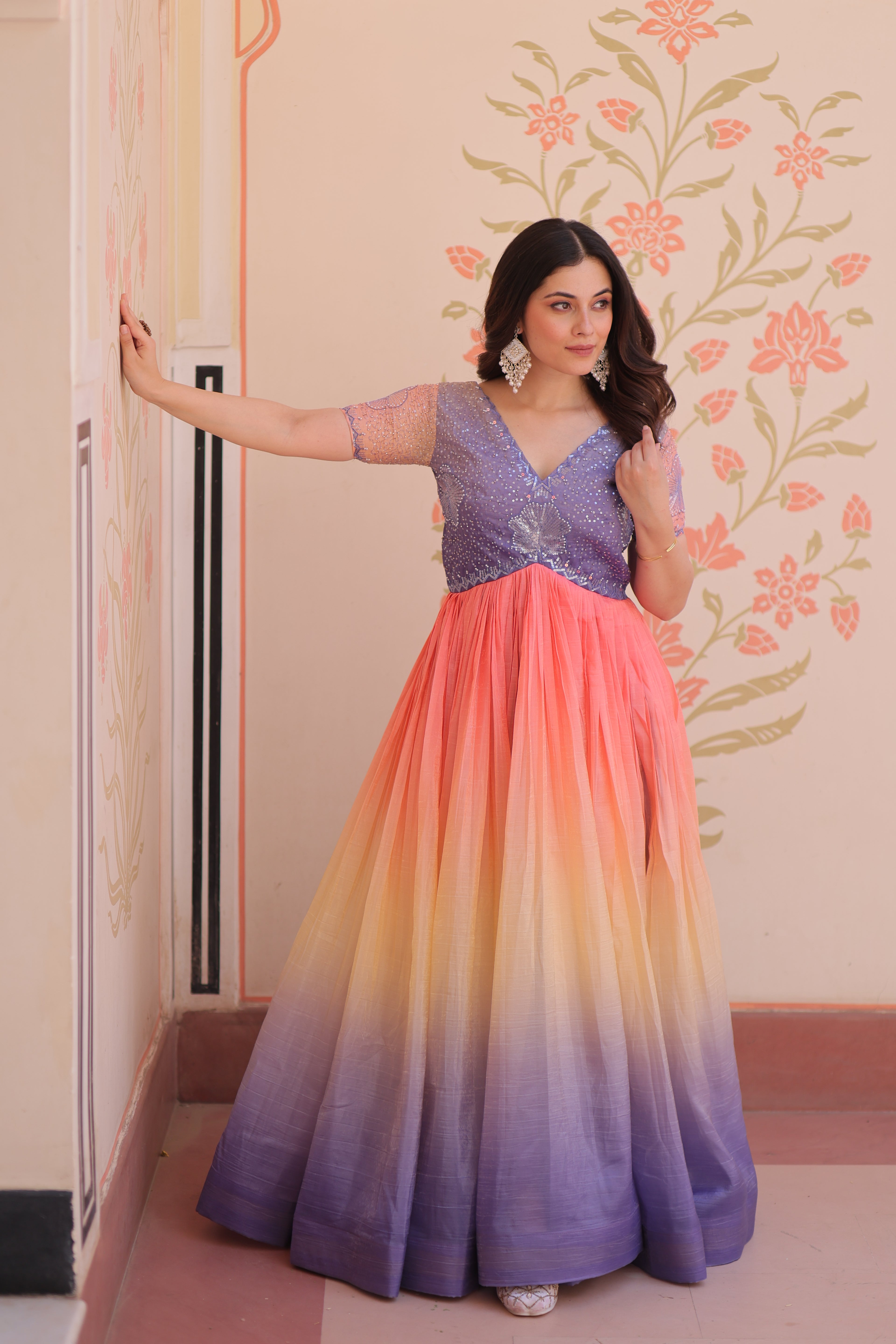 Multicolor Gold Crush Padding Long Dress