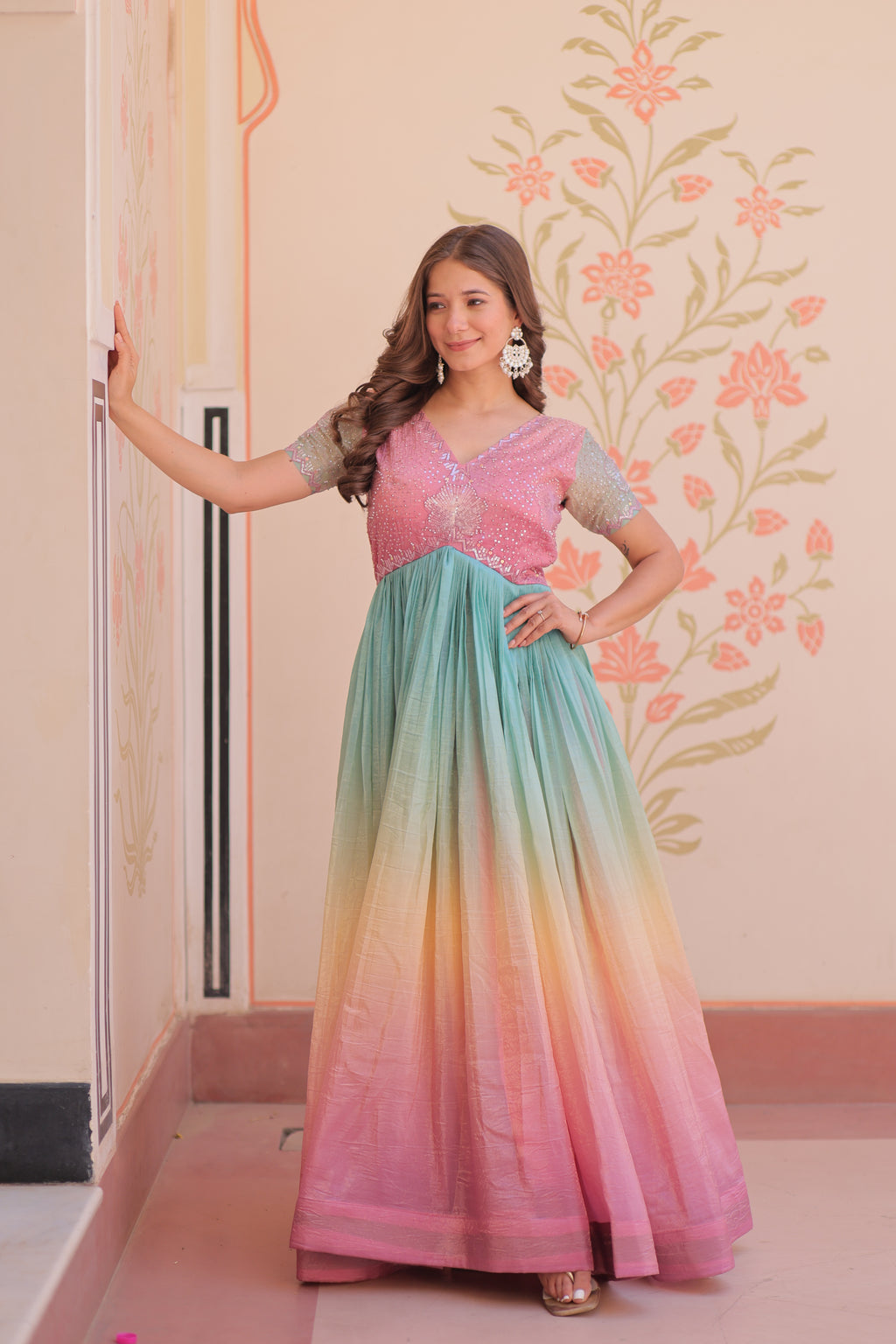 Multicolor Gold Crush Padding Long Dress