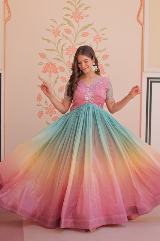 Multicolor Gold Crush Padding Long Dress