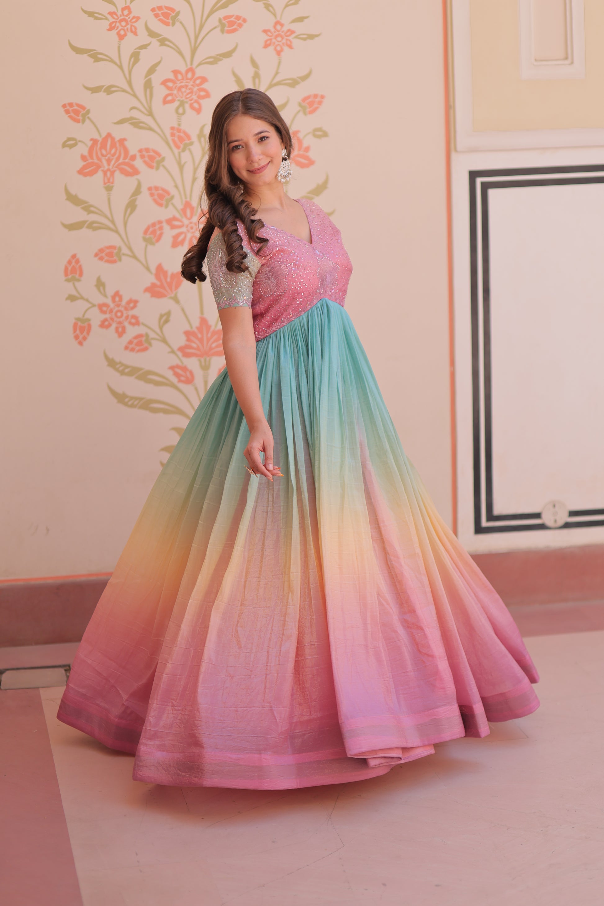 Multicolor Gold Crush Padding Long Dress