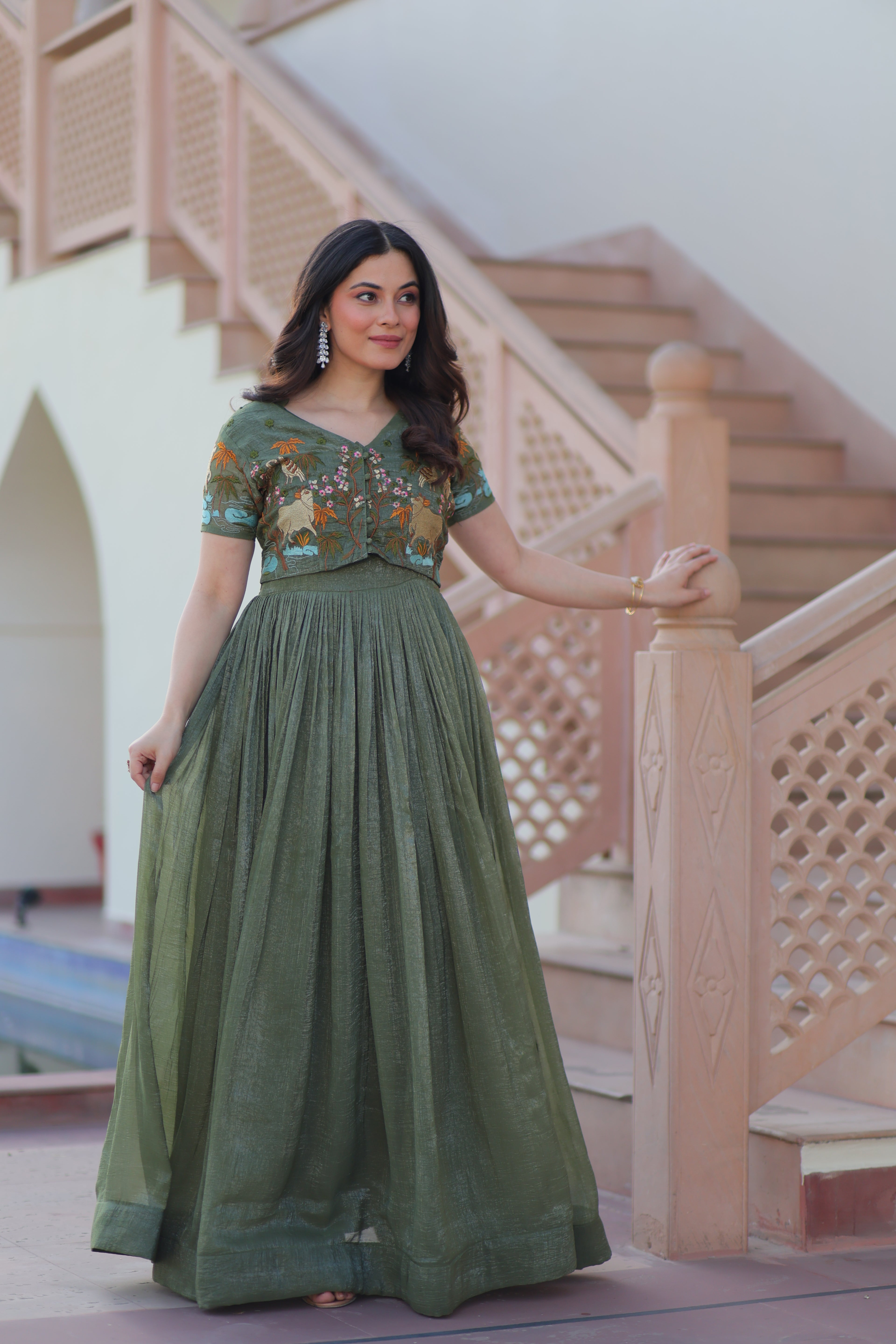 Fern Green Ethnic Gown With Koti For Women