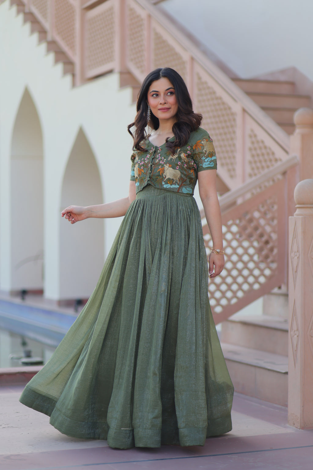 Fern Green Ethnic Gown With Koti For Women