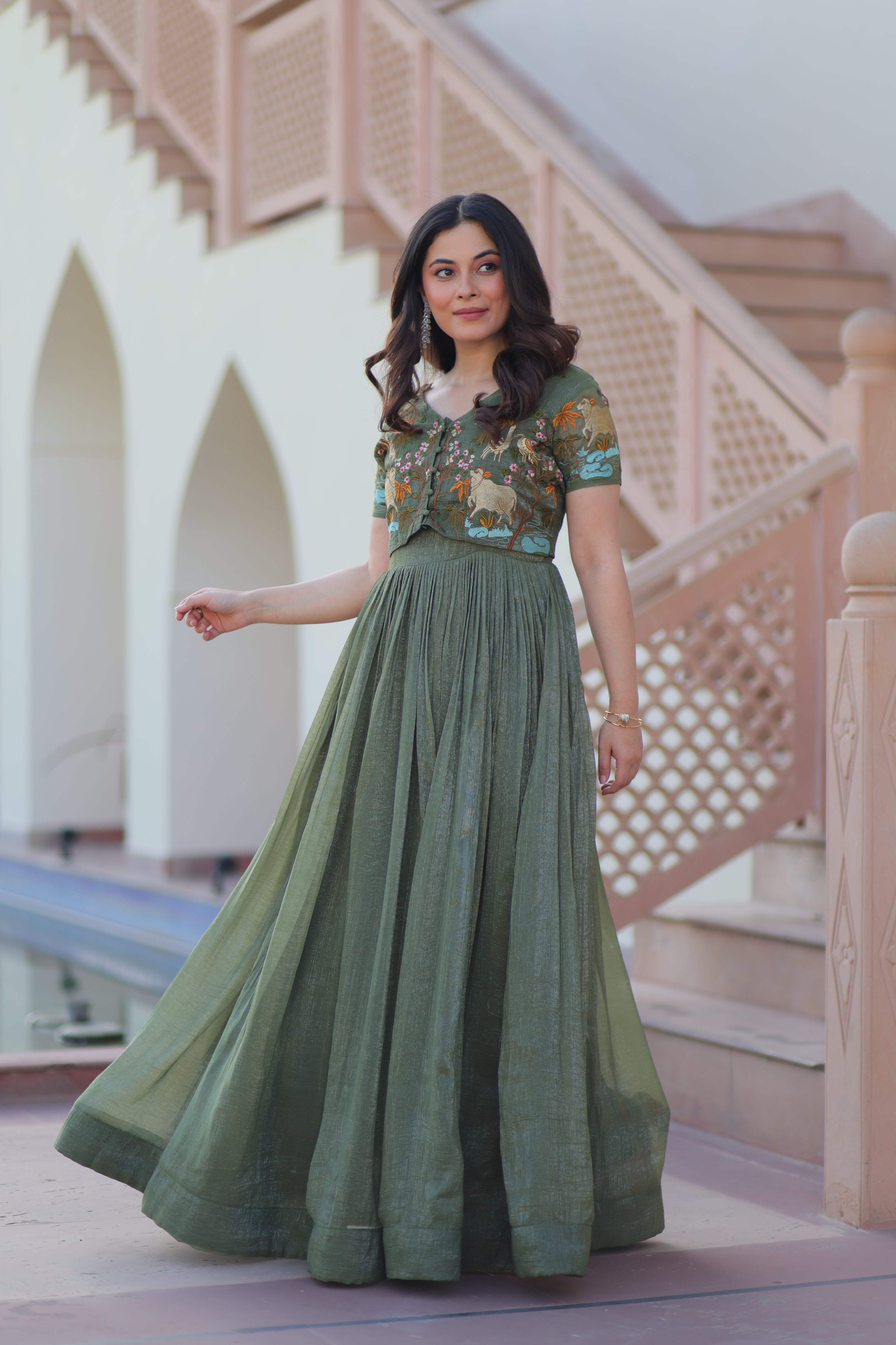 Fern Green Ethnic Gown With Koti For Women