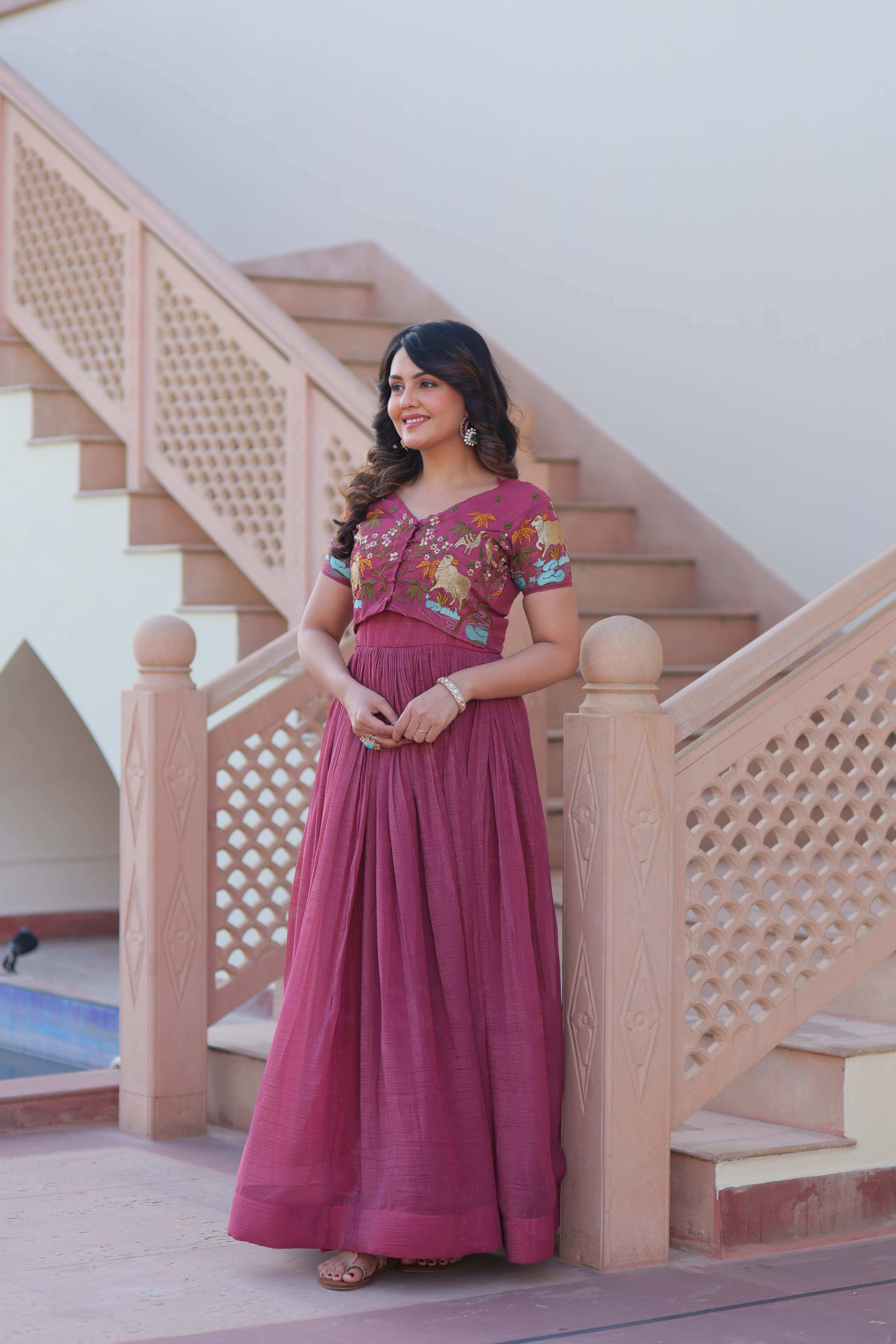 Purple Ethnic Gown With Koti For Women
