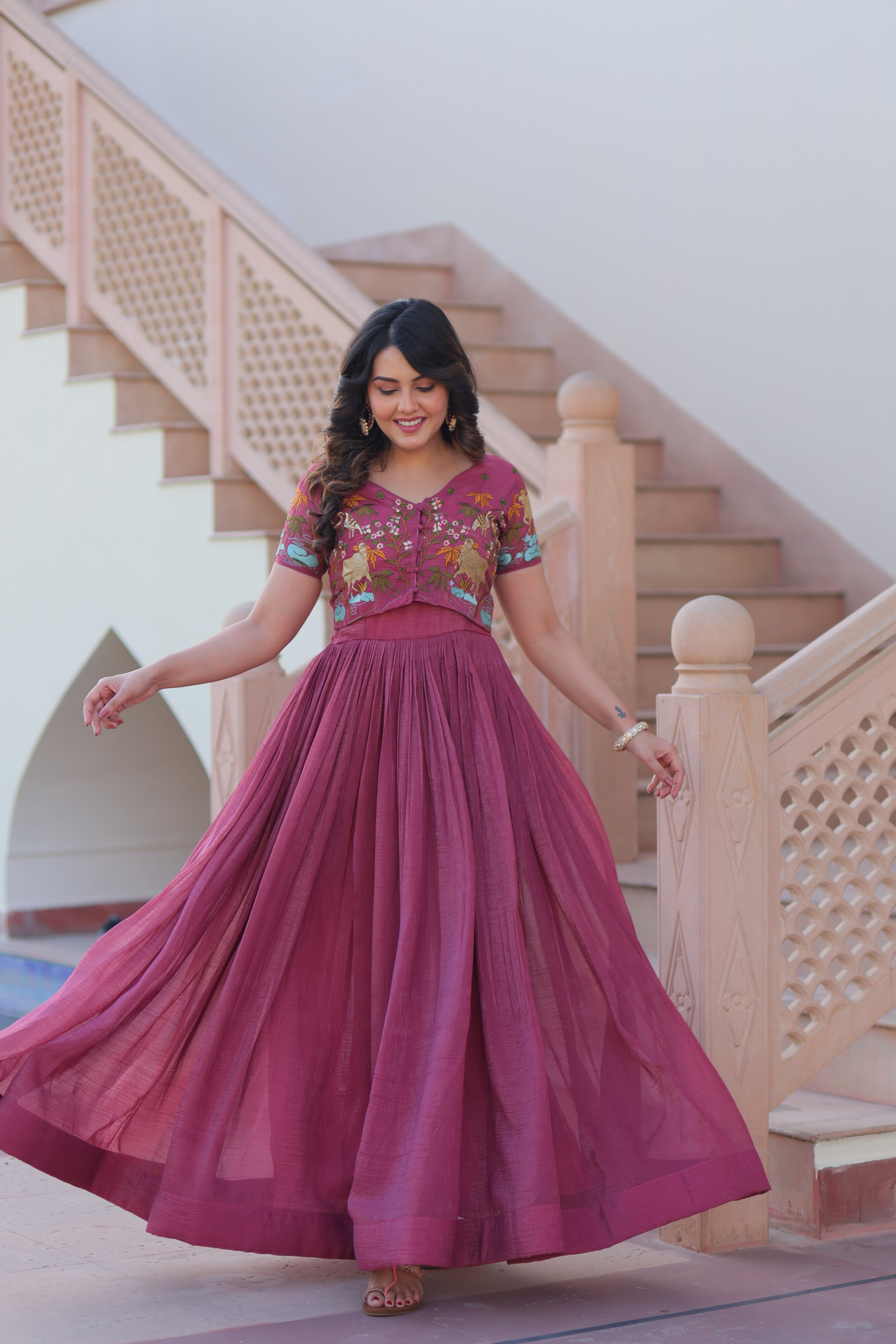 Purple Ethnic Gown With Koti For Women