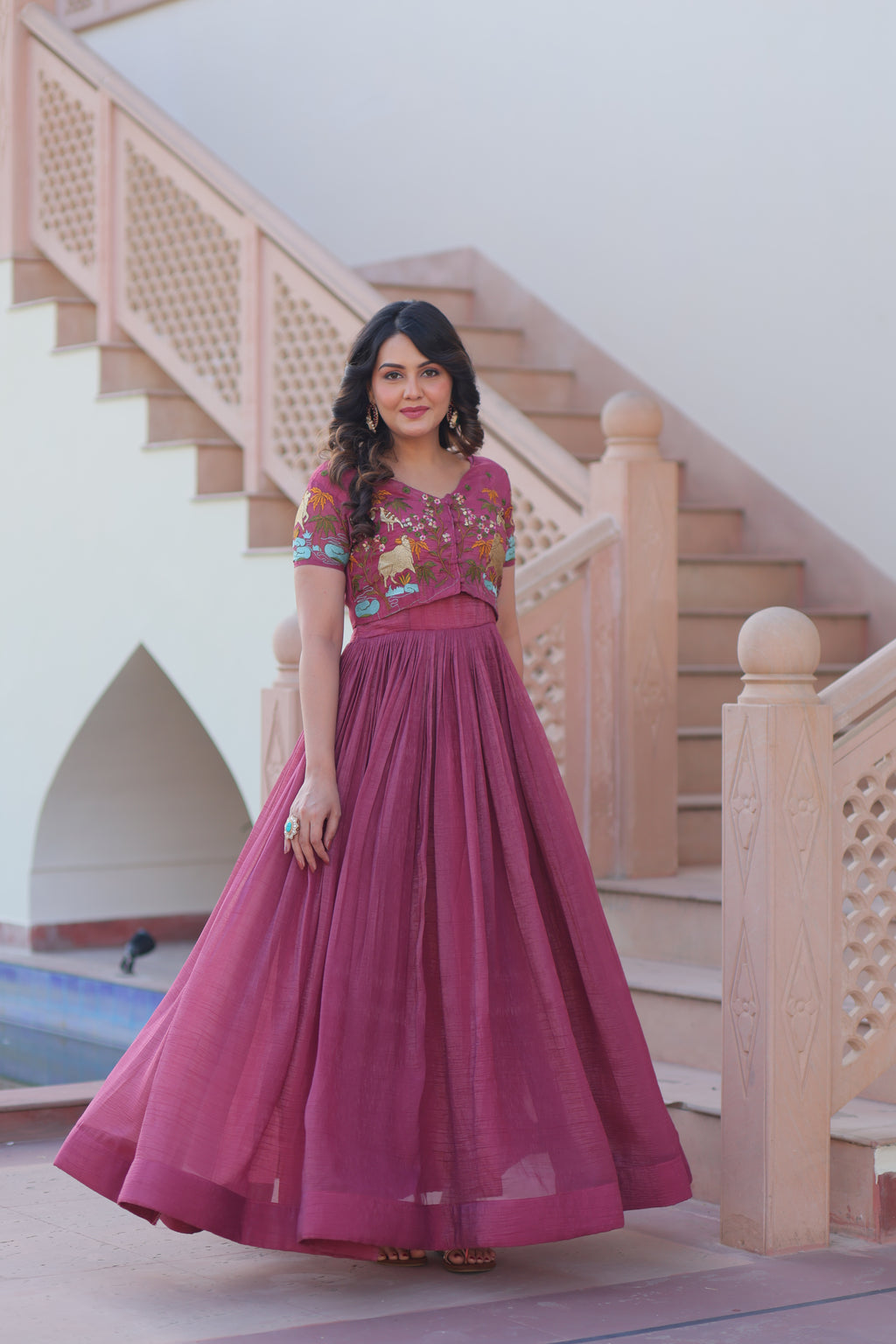 Purple Ethnic Gown With Koti For Women