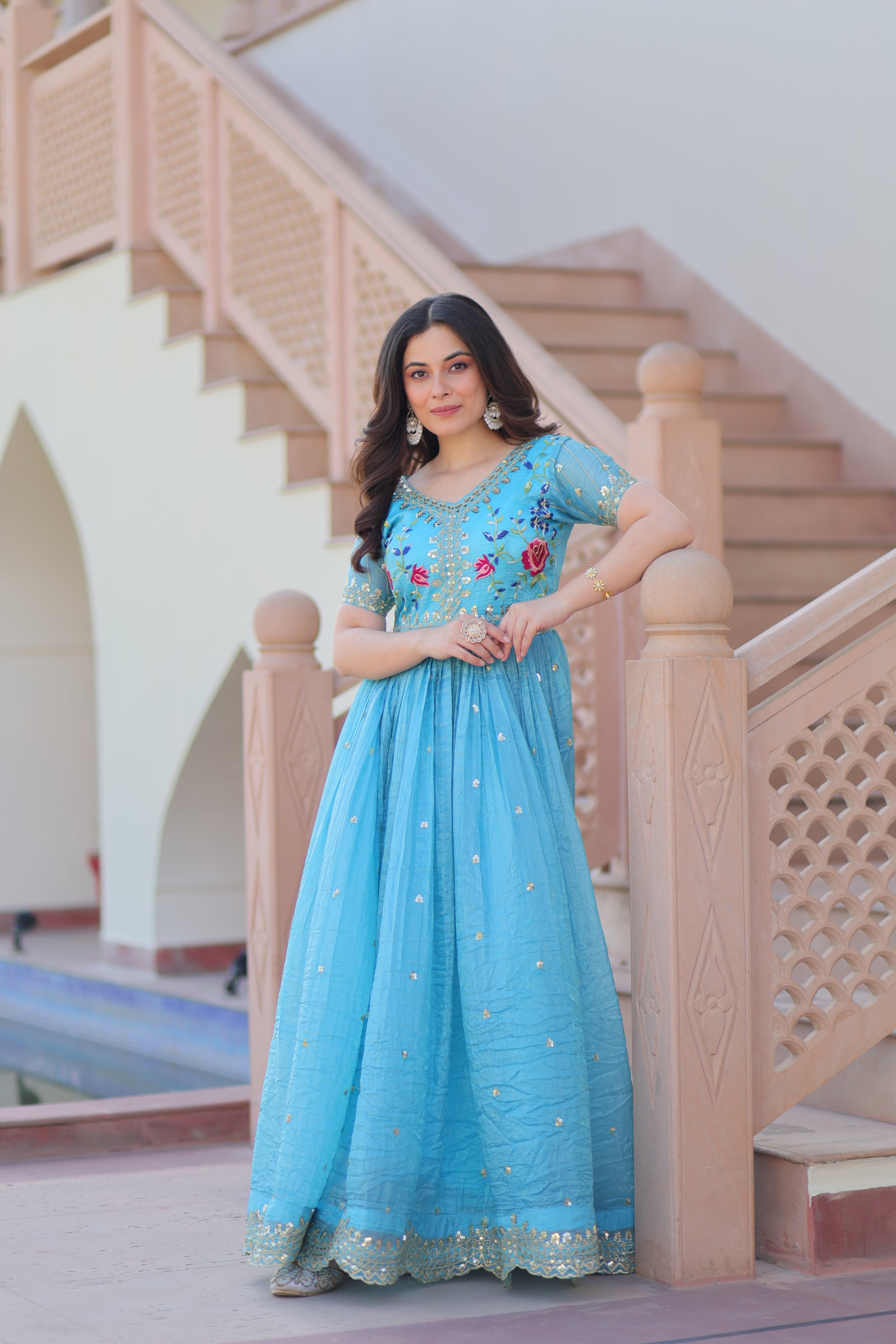 Teal Embroidery Ethnic Dress