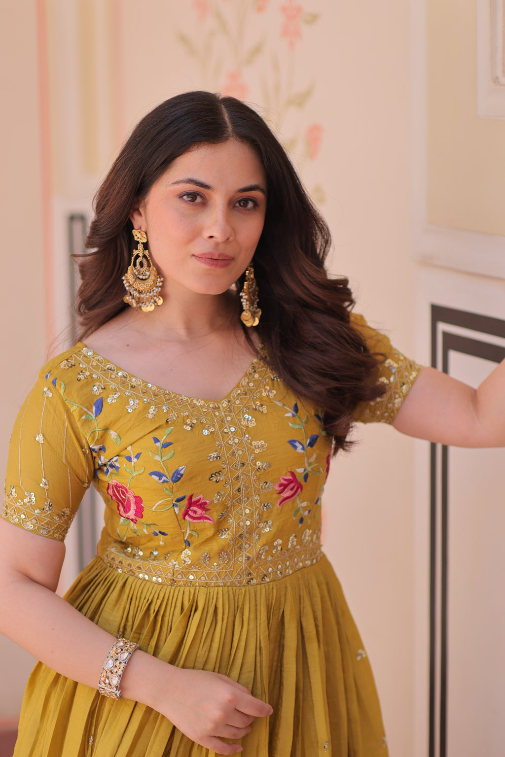 Mustard Embroidery Ethnic Dress