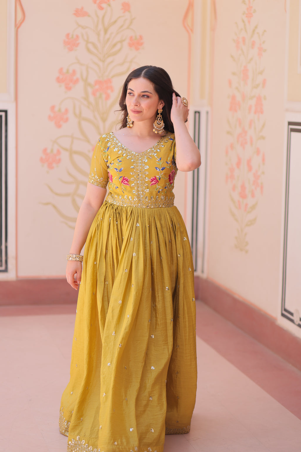 Mustard Embroidery Ethnic Dress