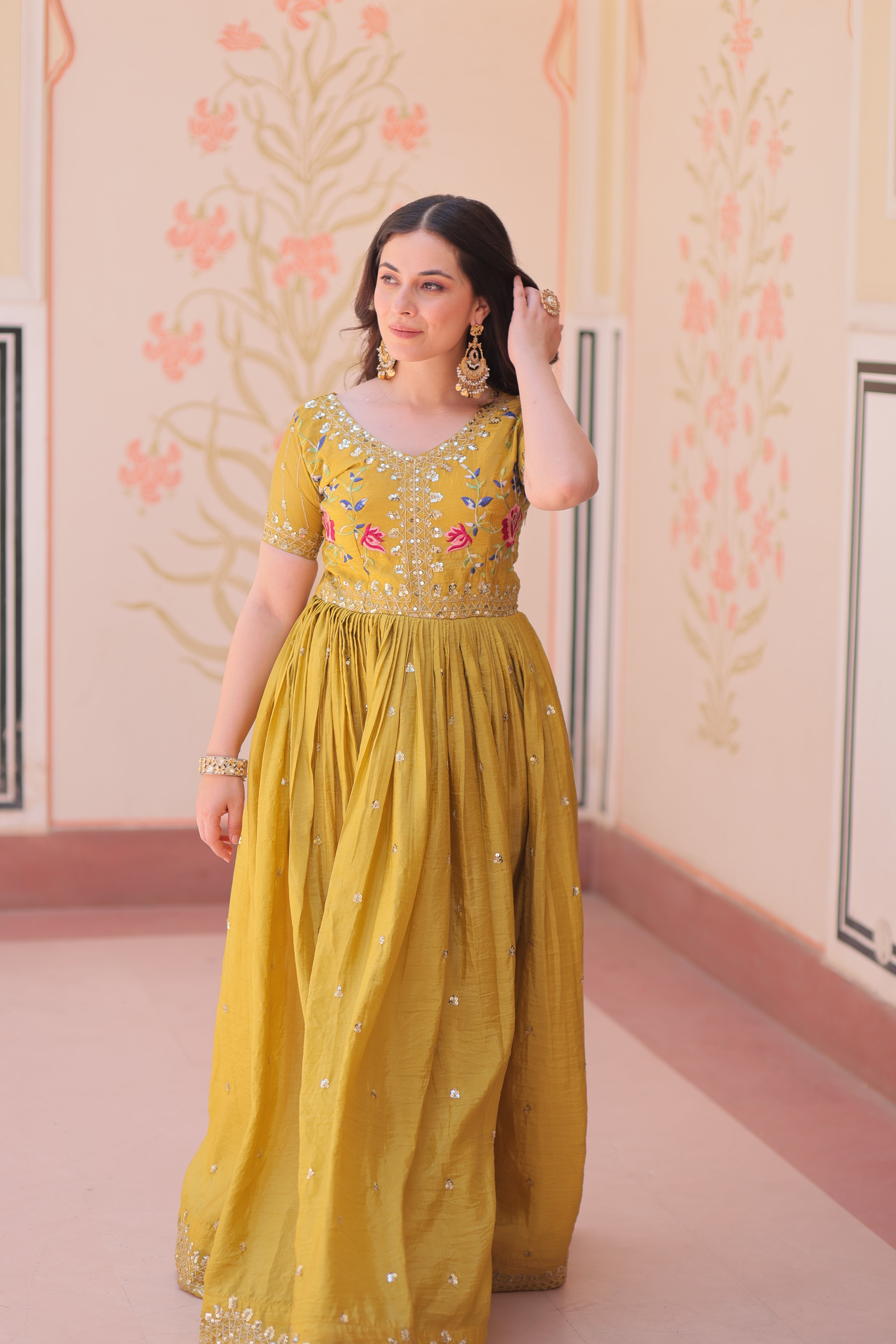 Mustard Embroidery Ethnic Dress