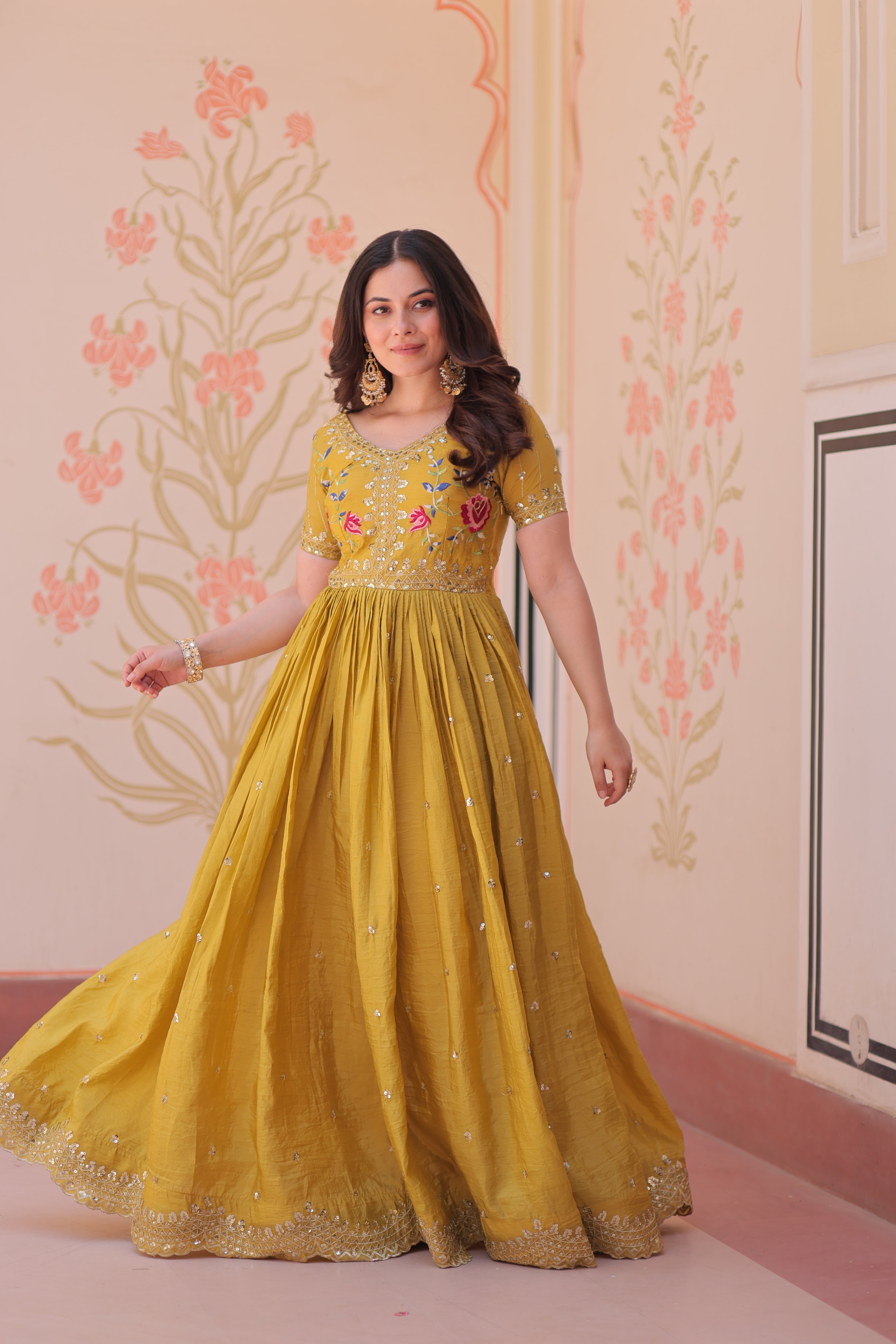 Mustard Embroidery Ethnic Dress