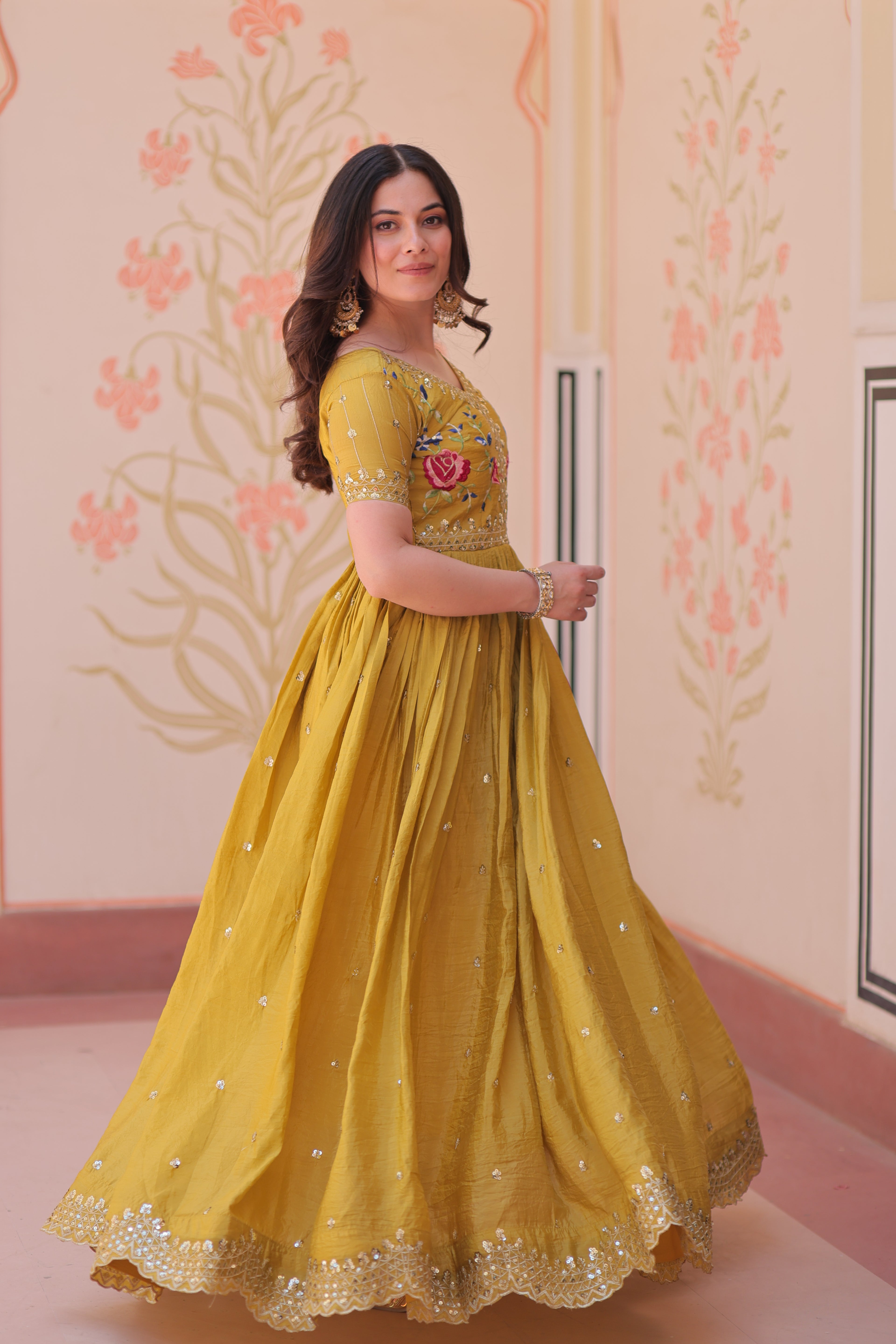 Mustard Embroidery Ethnic Dress