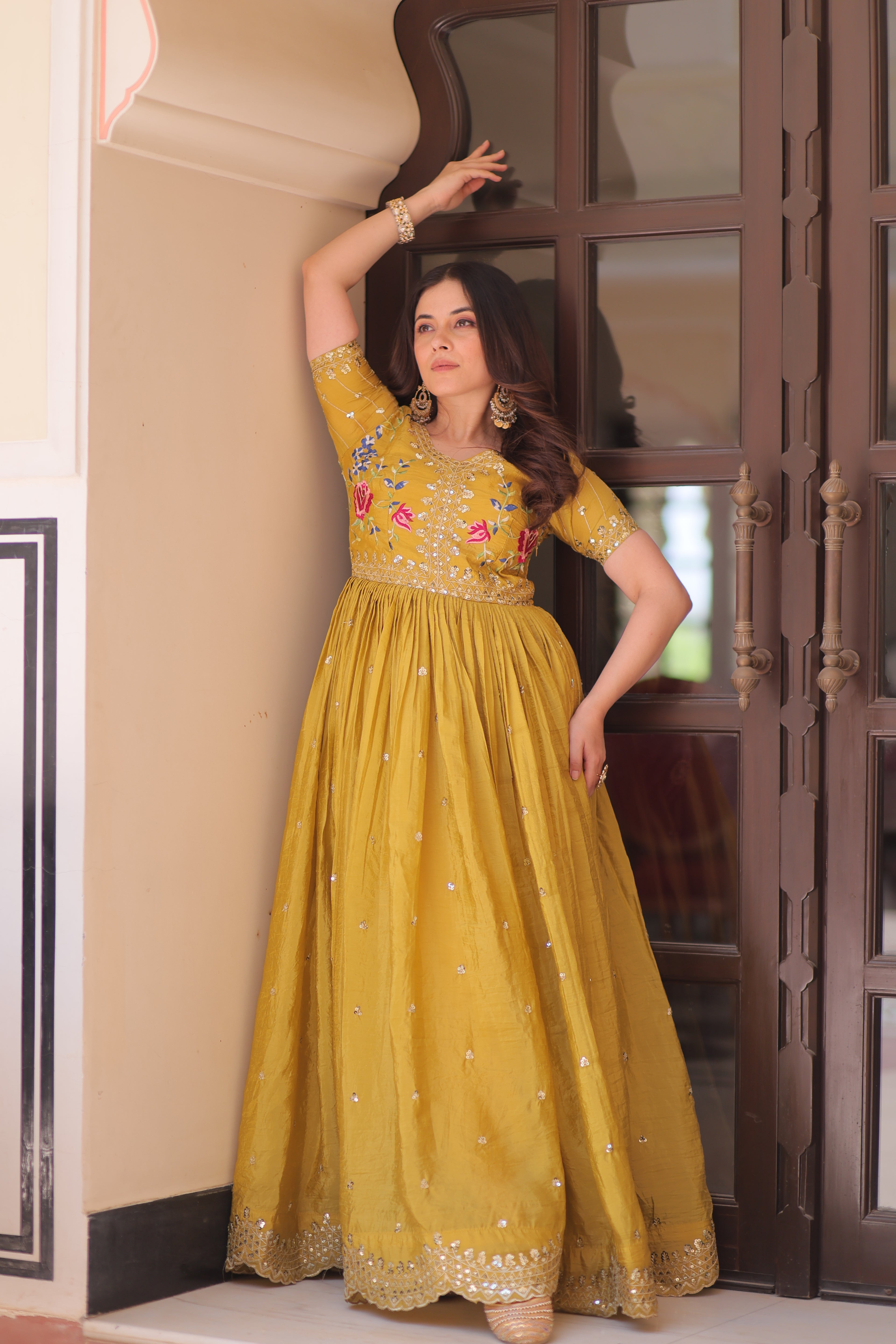 Mustard Embroidery Ethnic Dress