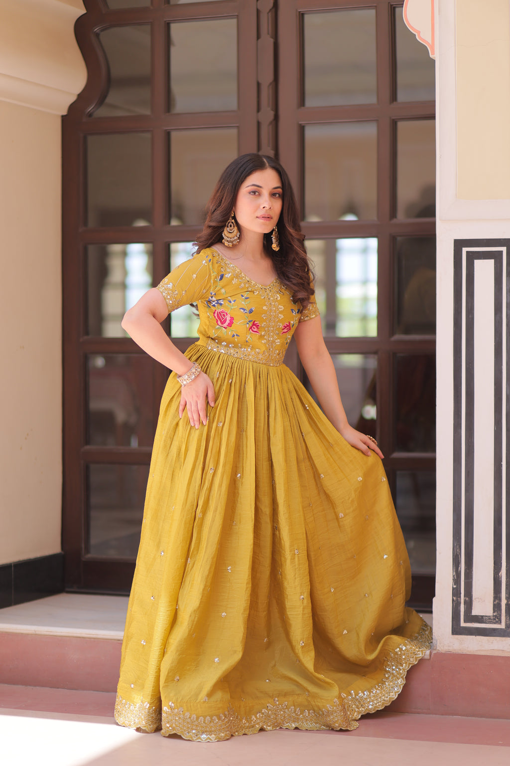 Mustard Embroidery Ethnic Dress