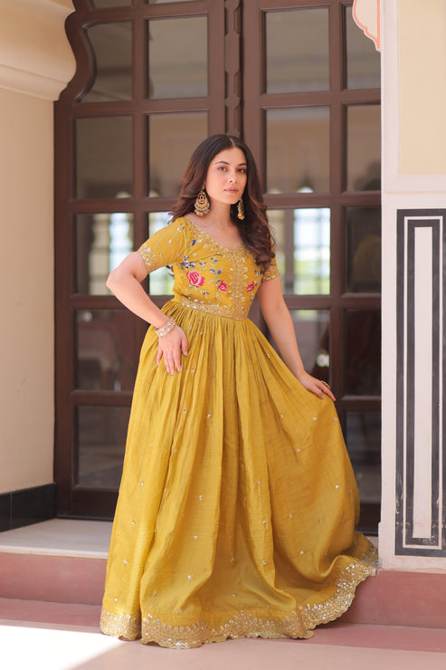 Mustard Yellow Embroidery Ethnic Maxi Dress