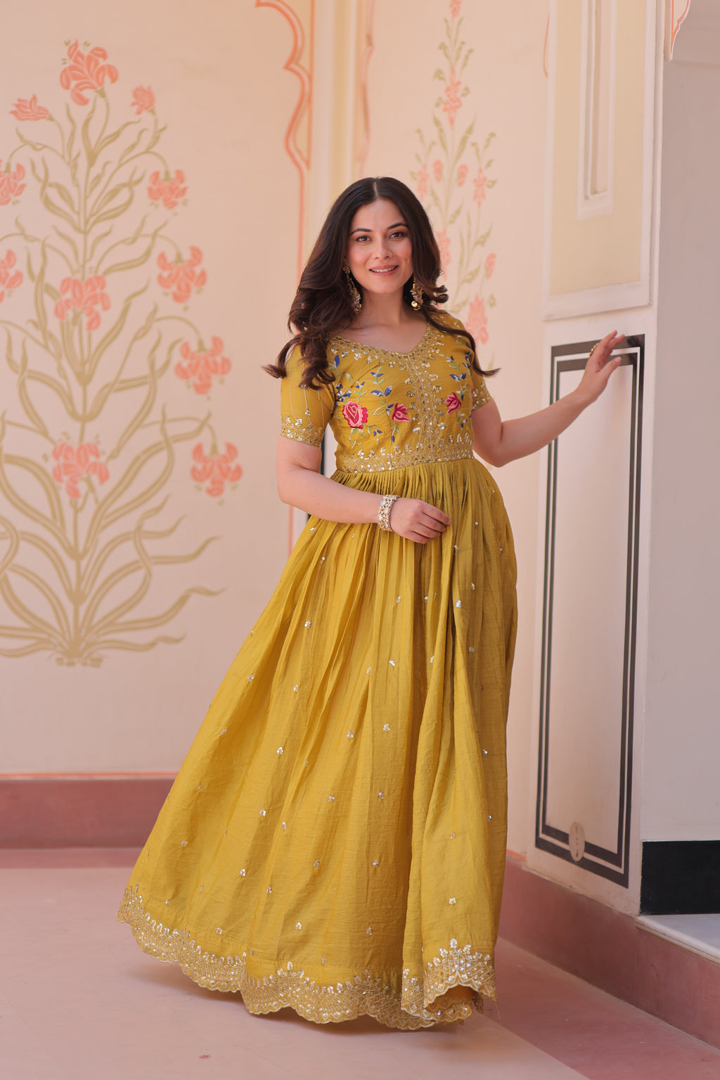 Mustard Embroidery Ethnic Dress