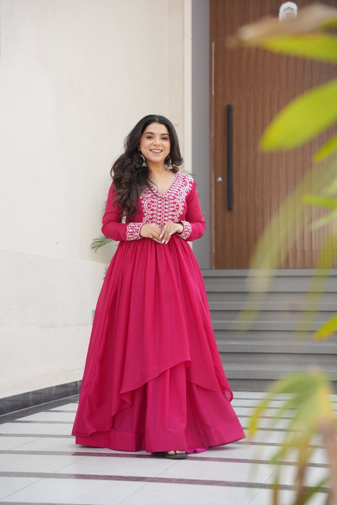 Pink Georgette Double Flair Ethnic Gown