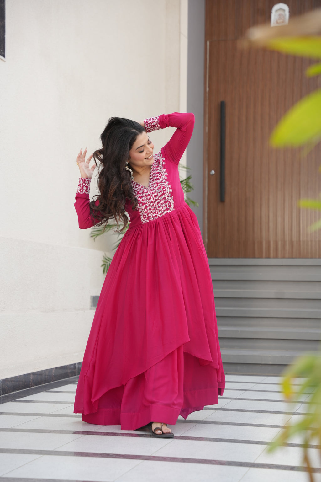 Pink Georgette Double Flair Ethnic Gown