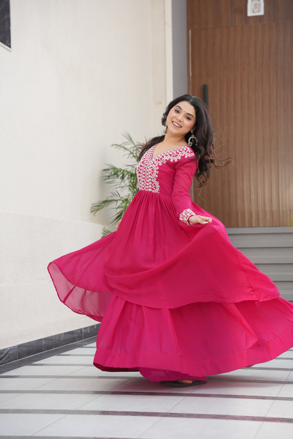 Pink Georgette Double Flair Ethnic Gown