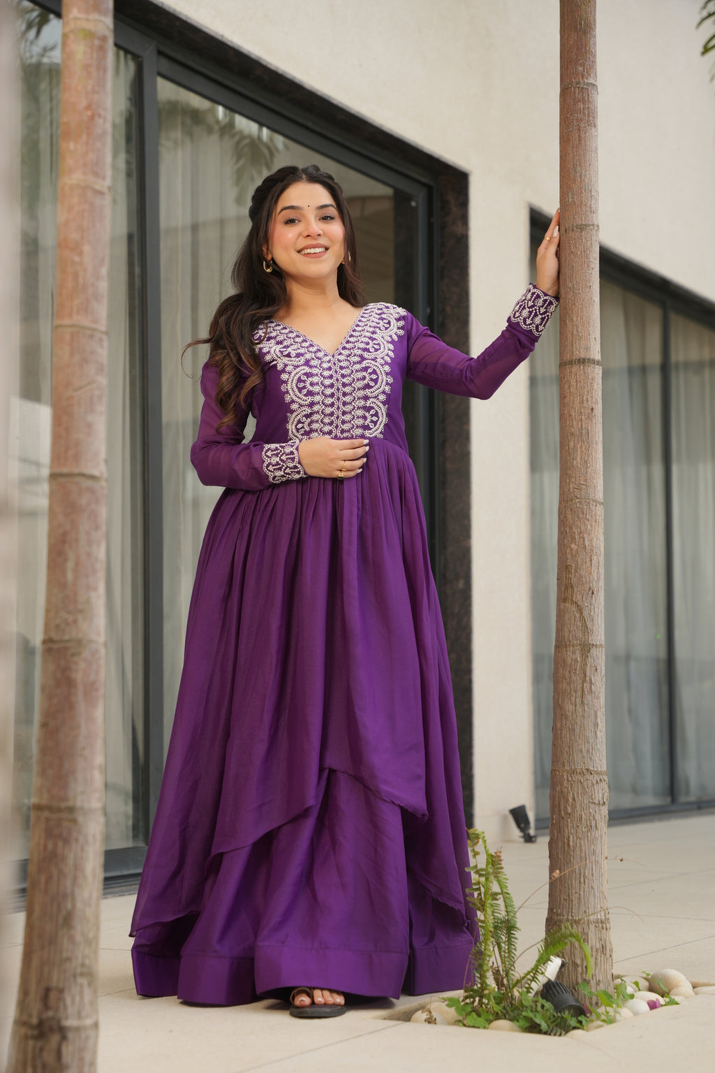 Purple Georgette Double Flair Ethnic Gown
