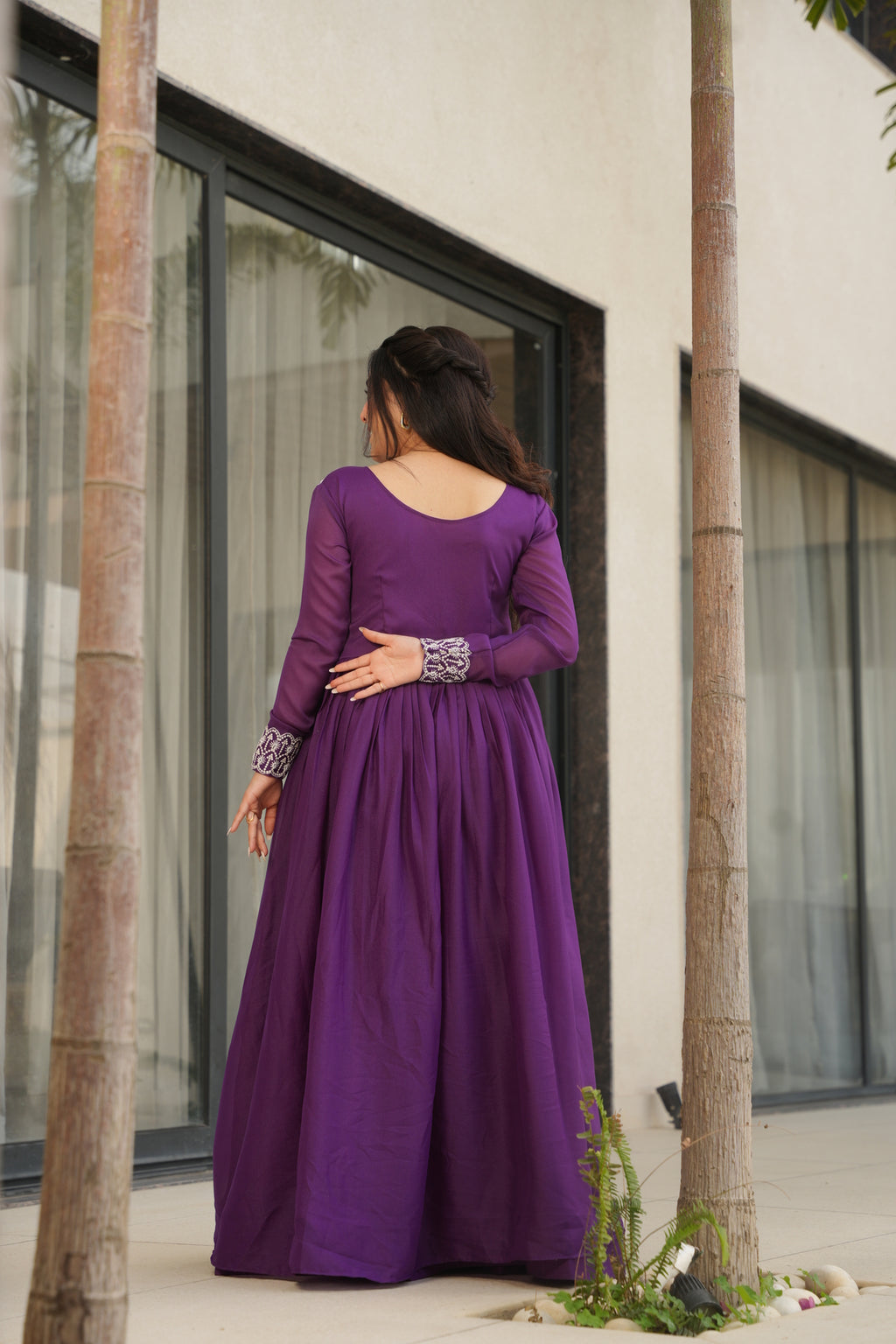 Purple Georgette Double Flair Ethnic Gown