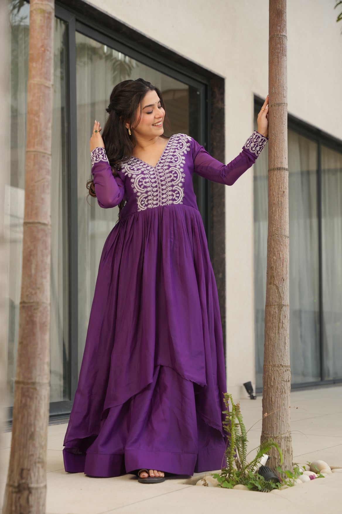 Purple Georgette Double Flair Ethnic Gown