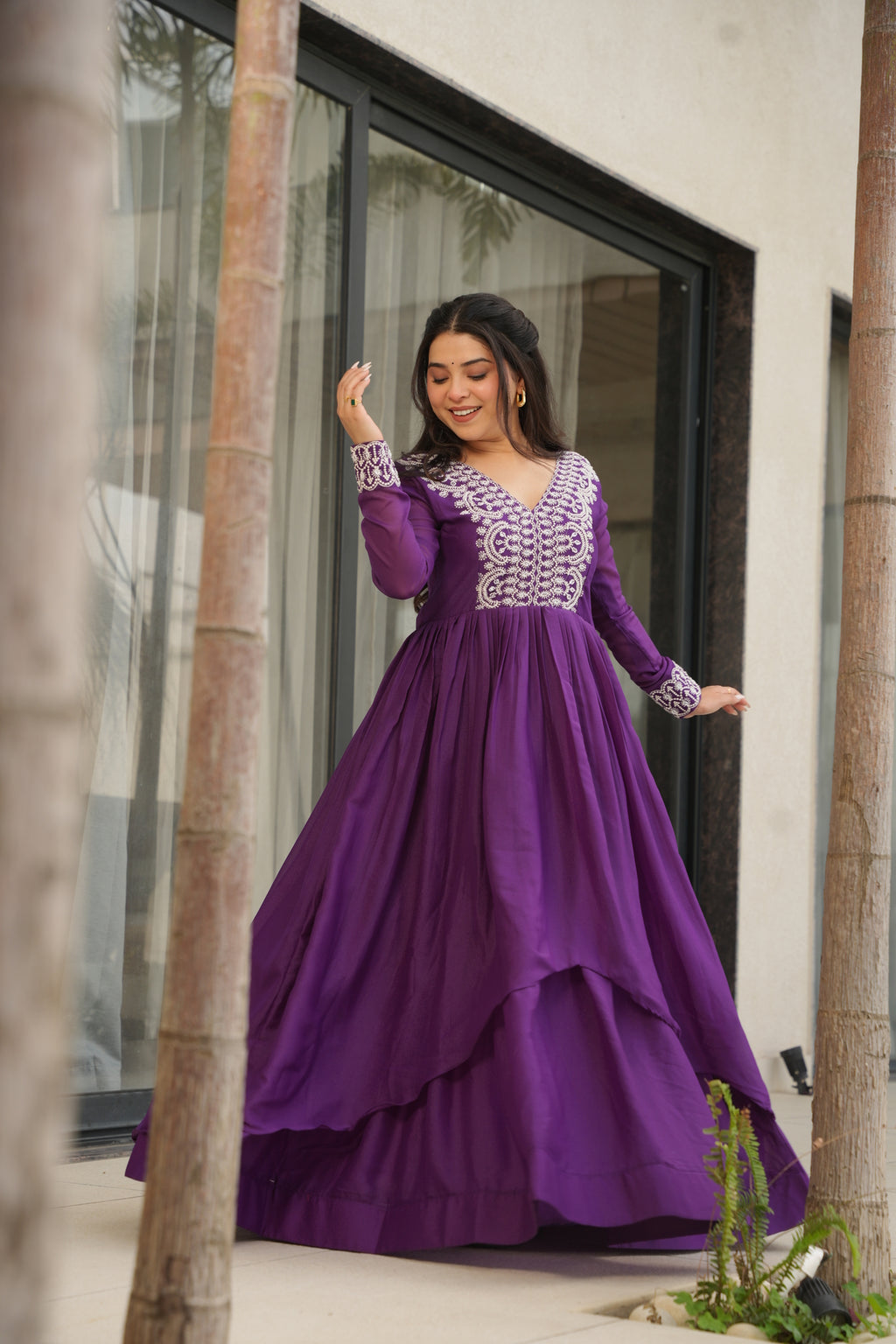 Purple Georgette Double Flair Ethnic Gown