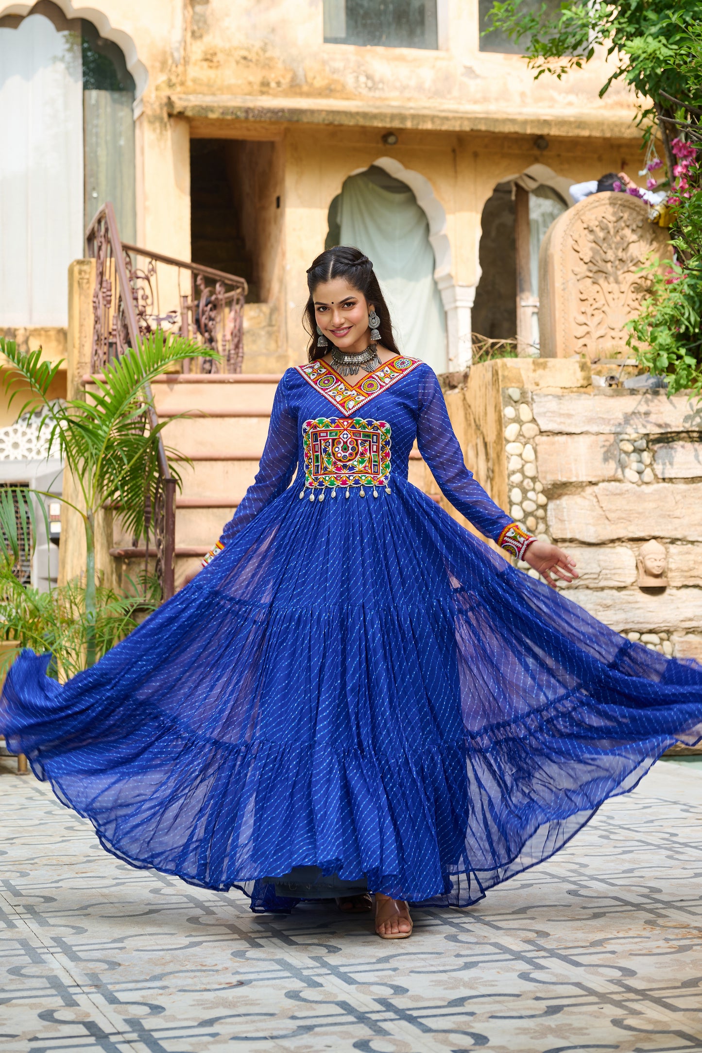Blue Bandhani Print With Kutchi Patchework Dress